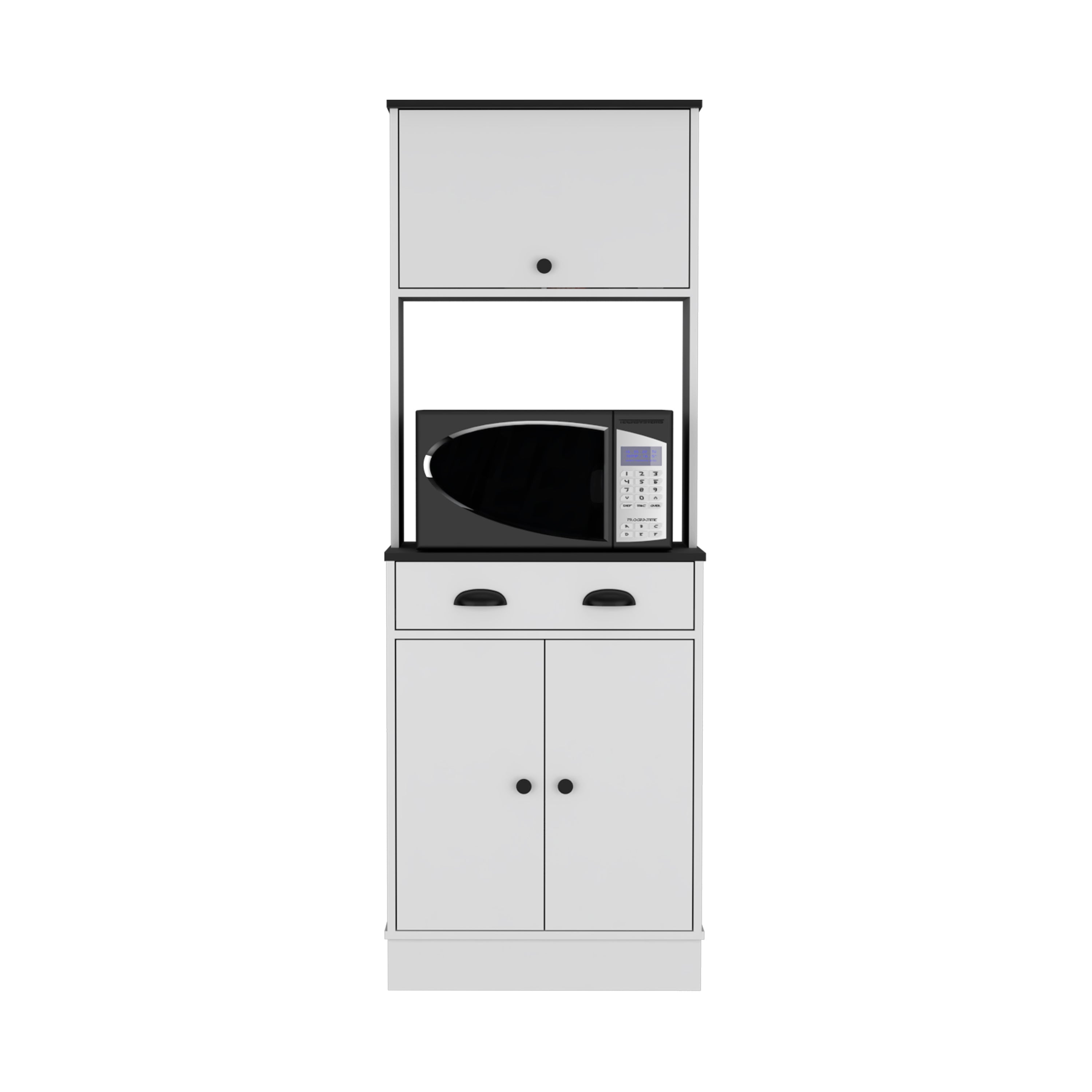 Apex 66.3" H Kitchen Pantry with Drawer, 2 Cabinets, and Microwave Stand, White/Black - Luciddepo