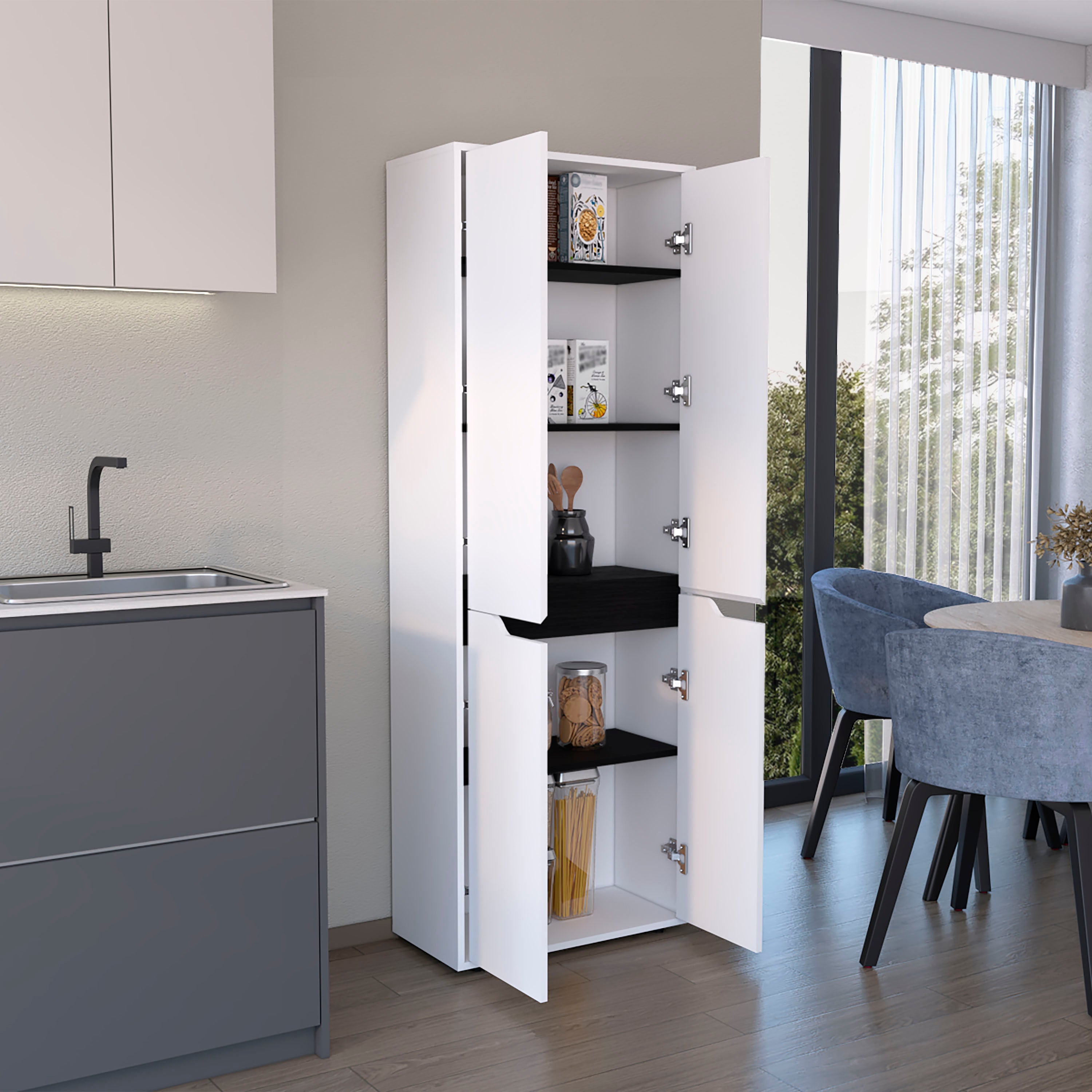 Atka 67"H Kitchen Storage Cabinet, with Four Doors and Five Interior Shelves,White/Black - Luciddepo