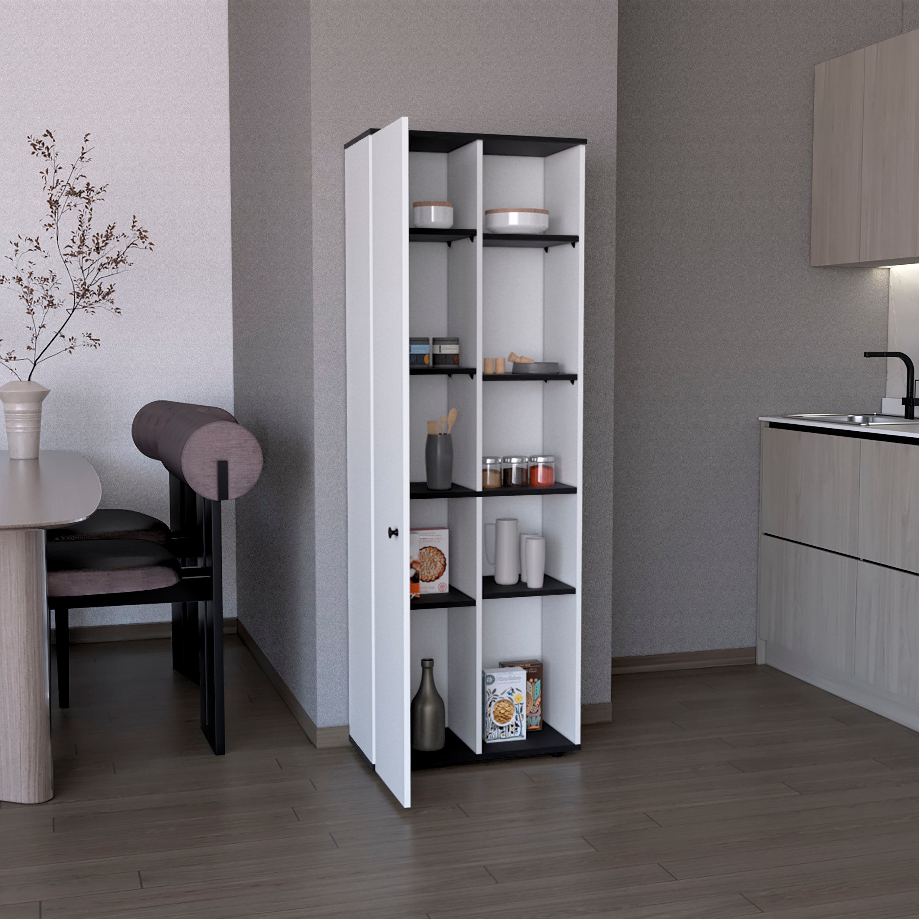 Cary 67" H Kitchen Storage Cabinet With One Door, Five Interior Shelves and Five Exterior Shelves,White/Black - Luciddepo