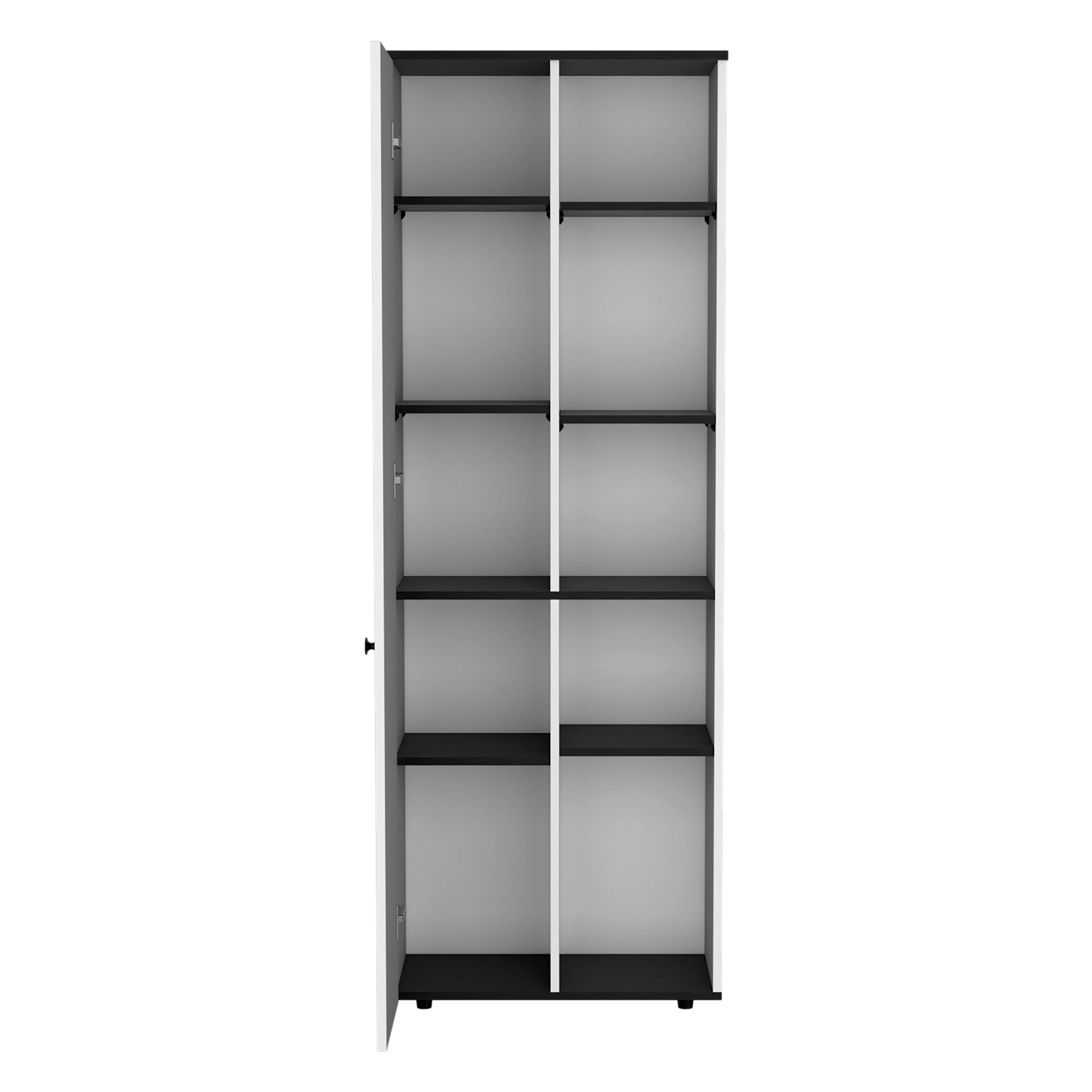 Cary 67" H Kitchen Storage Cabinet With One Door, Five Interior Shelves and Five Exterior Shelves,White/Black - Luciddepo