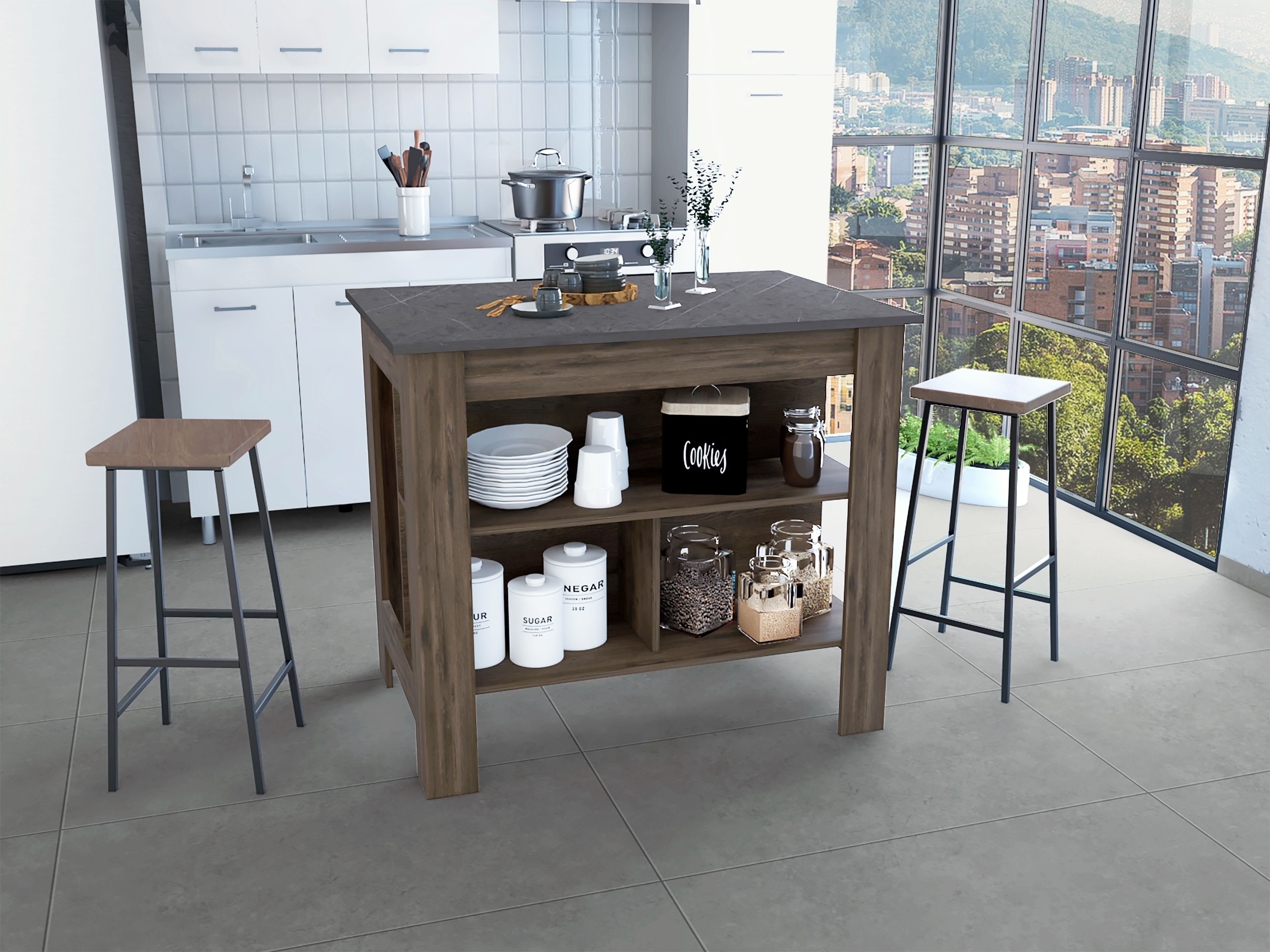 Delos Kitchen Island, Four Legs, Three Shelves, Dark Brown / Onix - Luciddepo