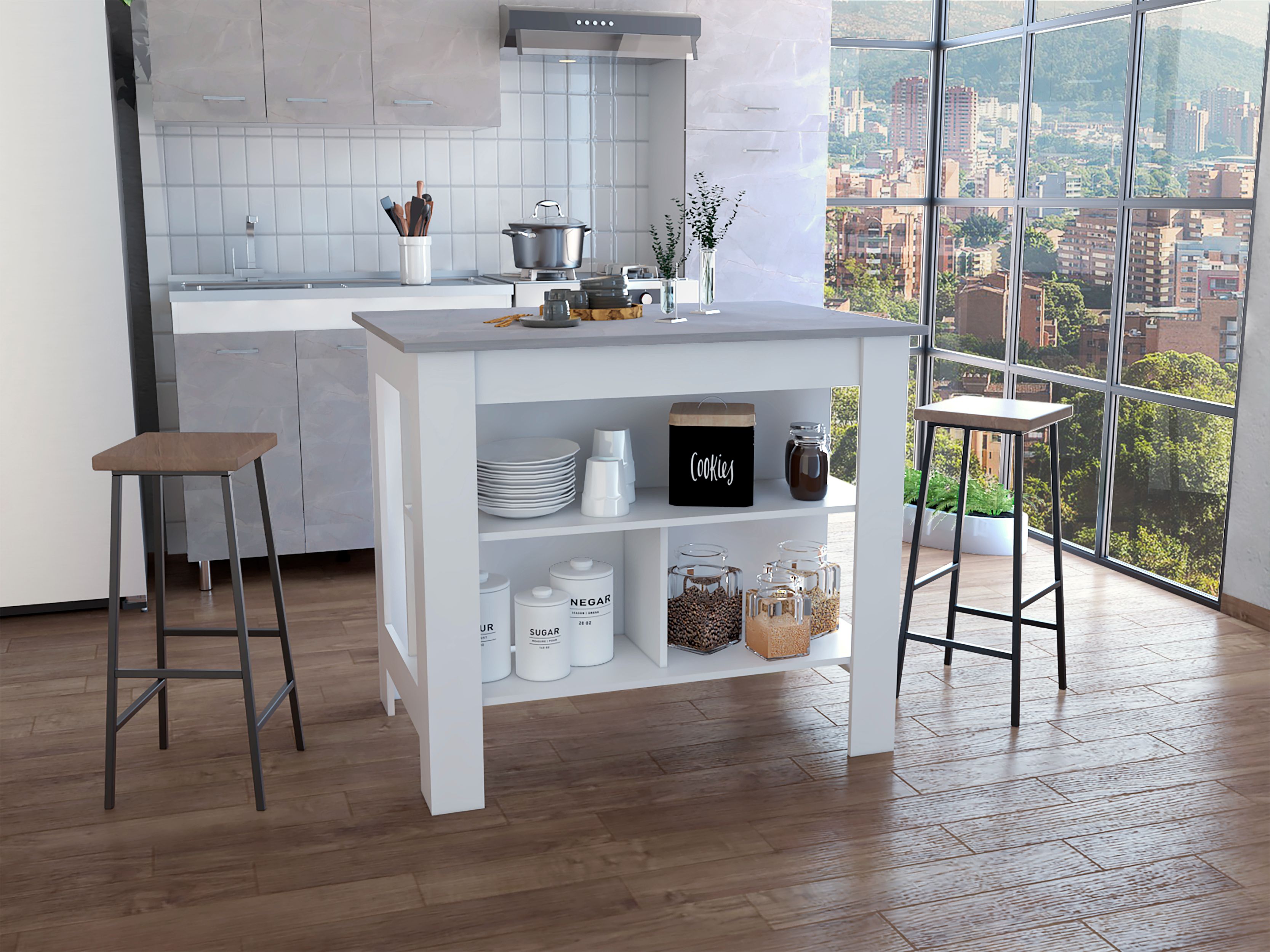 Delos Kitchen Island, Four Legs, Three Shelves, White / Ibiza Marble - Luciddepo