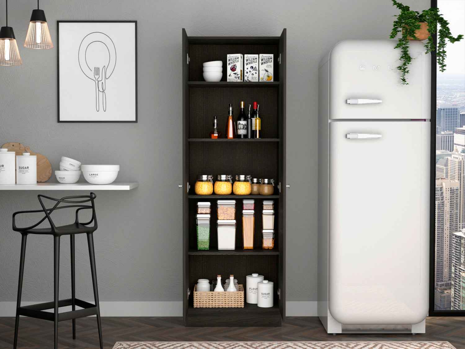 Dakari Multistorage Double Door Cabinet, Five Shelves, Carbon Espresso / Black