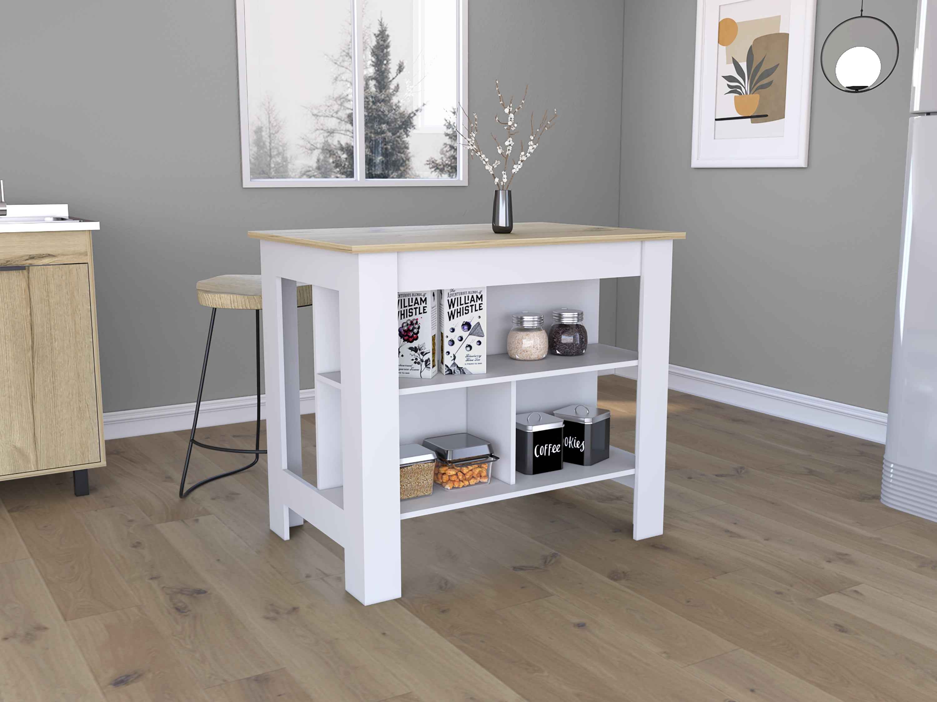 Antibacterial Delos Kitchen Island , White / Light Oak