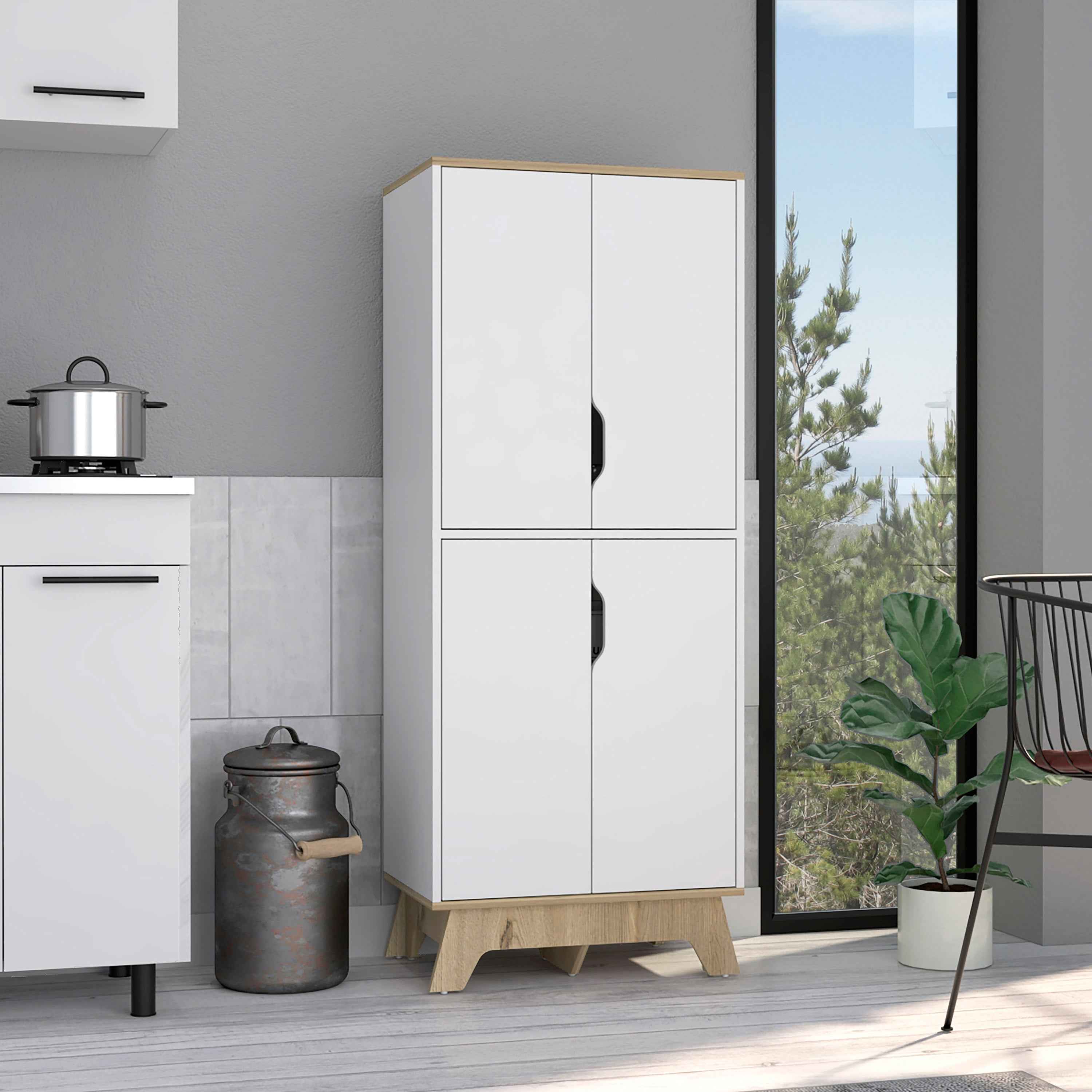 Dahoon Double Kitchen Pantry Double Kitchen Pantry, Double Door Cabinet, Four Shelves, Light Oak / White