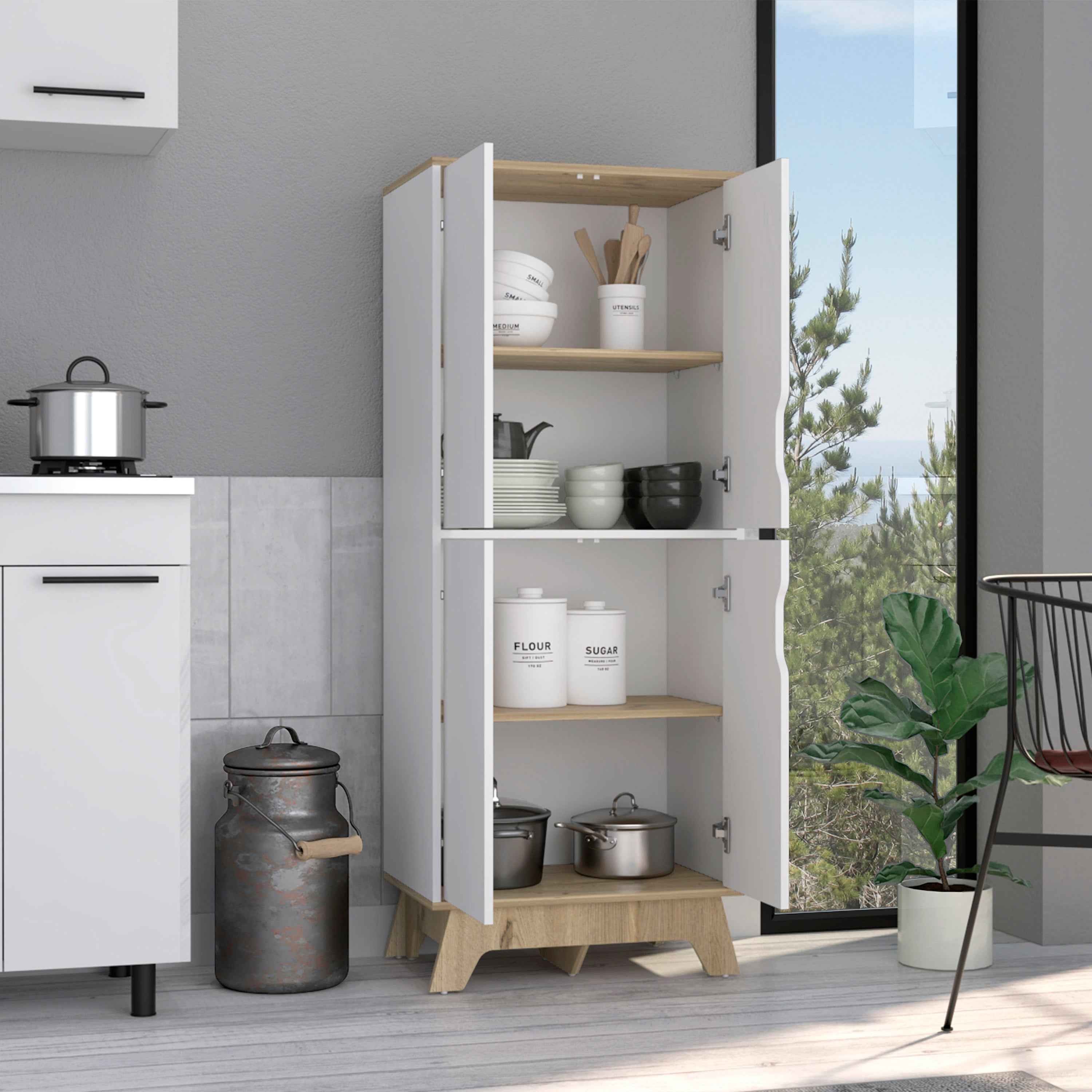 Dahoon Double Kitchen Pantry Double Kitchen Pantry, Double Door Cabinet, Four Shelves, Light Oak / White