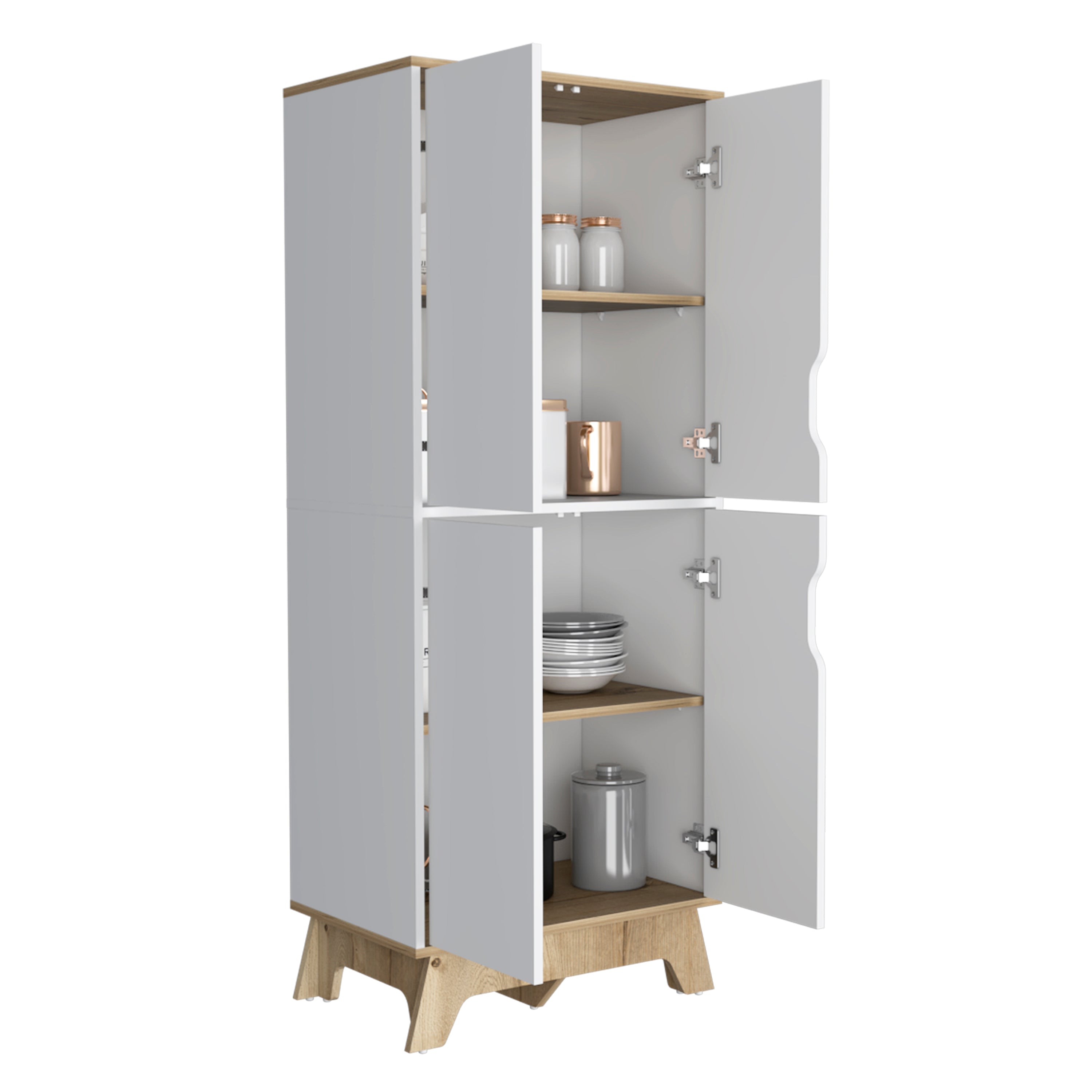 Dahoon Double Kitchen Pantry Double Kitchen Pantry, Double Door Cabinet, Four Shelves, Light Oak / White - Luciddepo