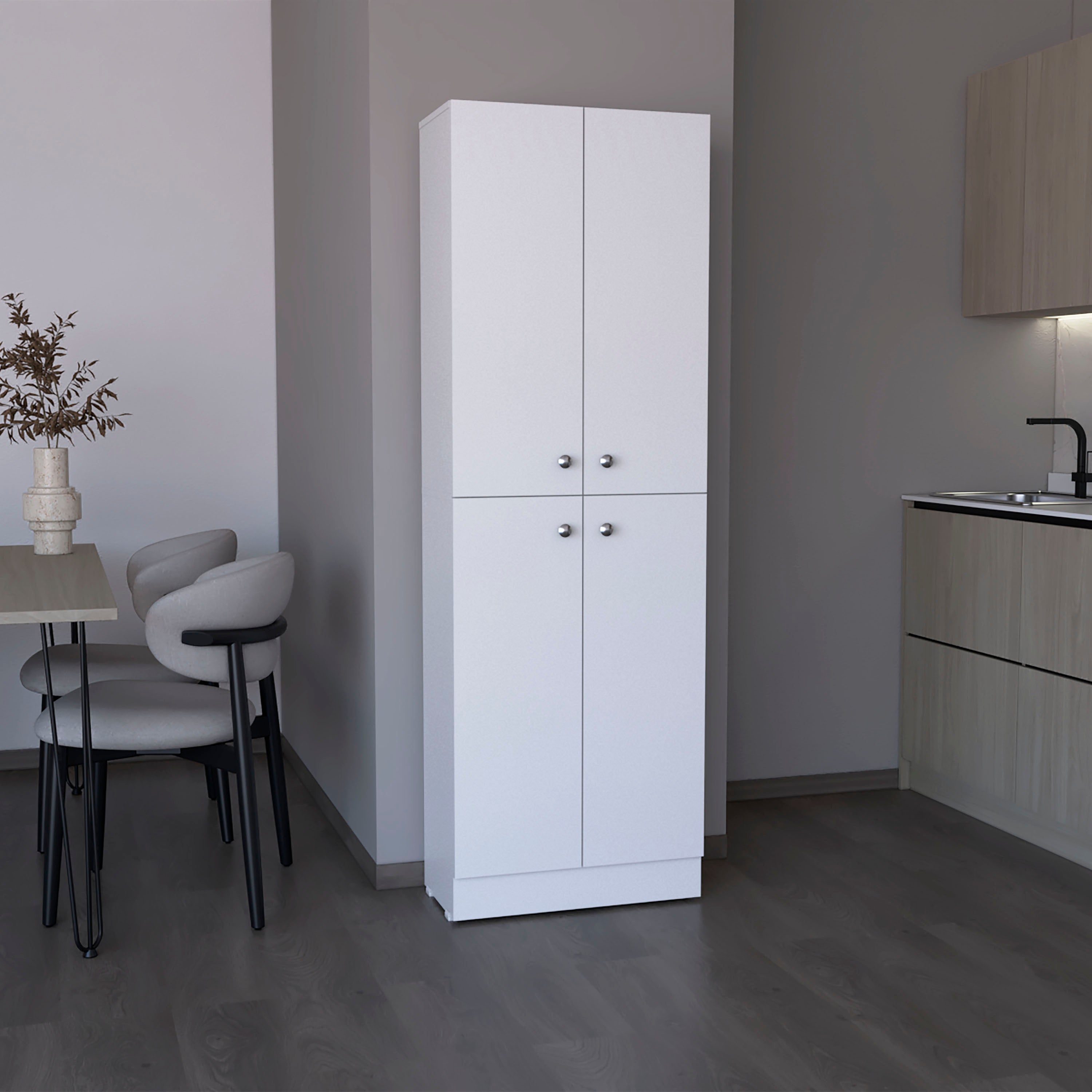 Lynch Kitchen Pantry 71" H, 4 Doors, 5 Adjustable Shelves, Laundry, White - Luciddepo