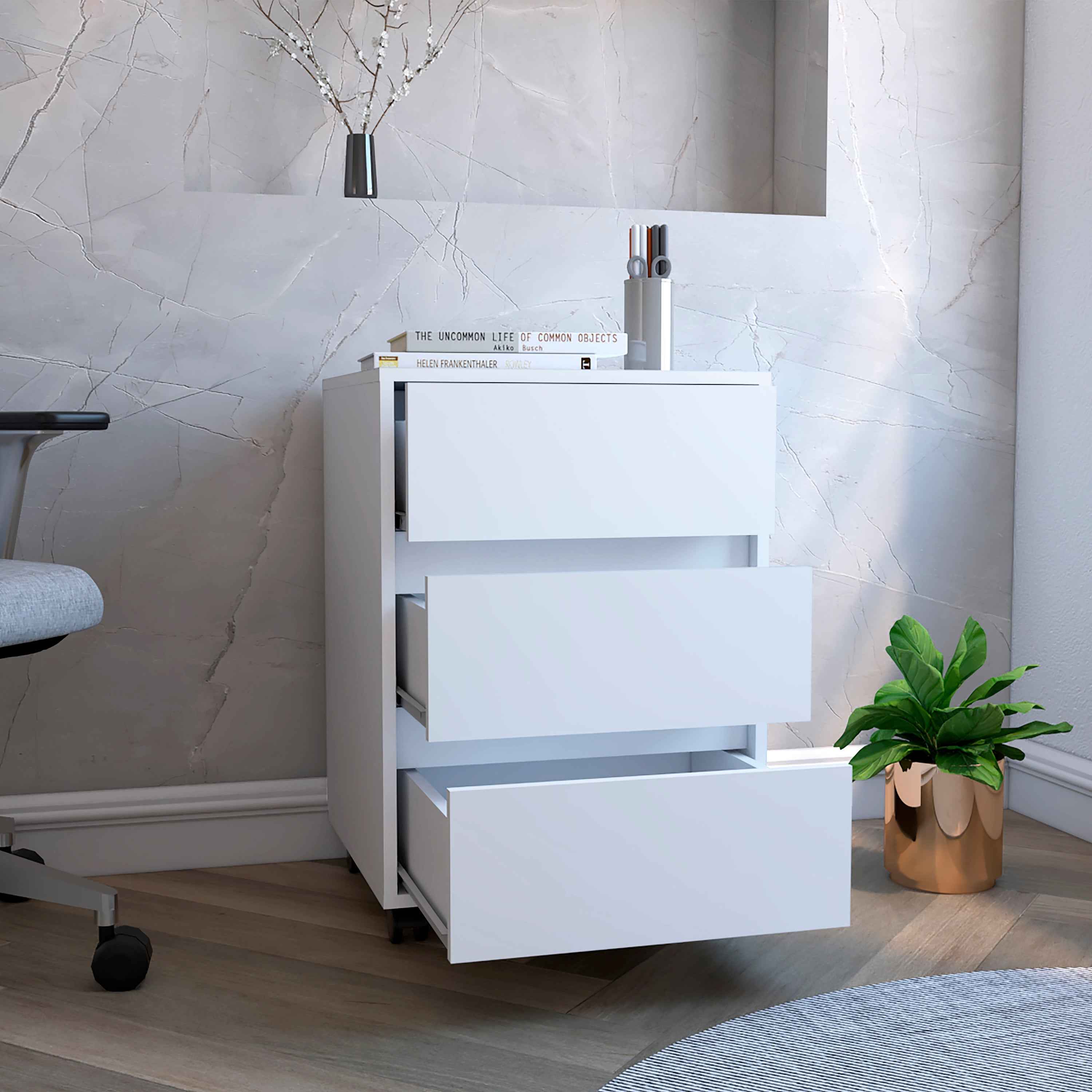 Ibero 3 Drawer Filing Cabinet, Four Casters, Three Drawers, Top Surface, White