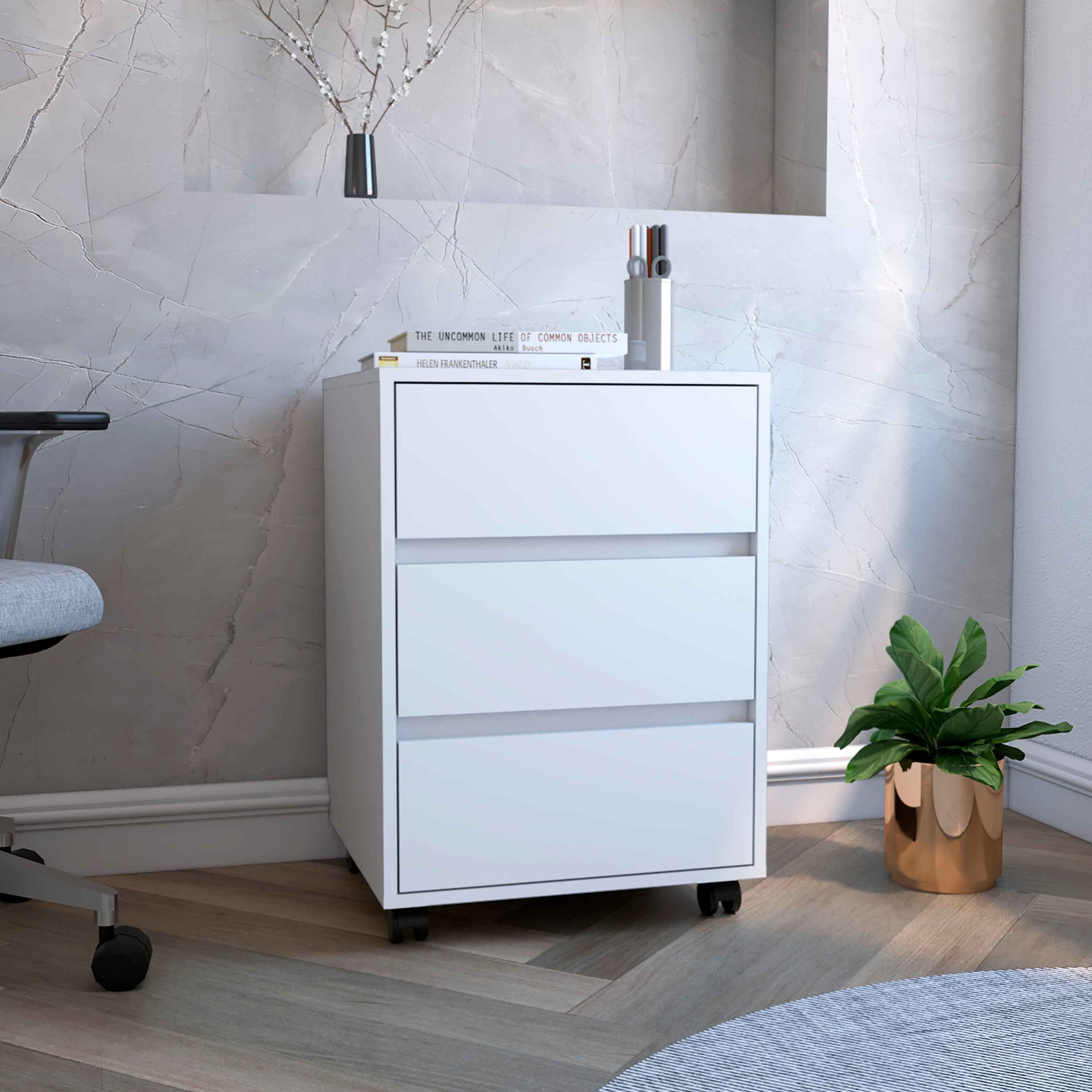 Ibero 3 Drawer Filing Cabinet, Four Casters, Three Drawers, Top Surface, White