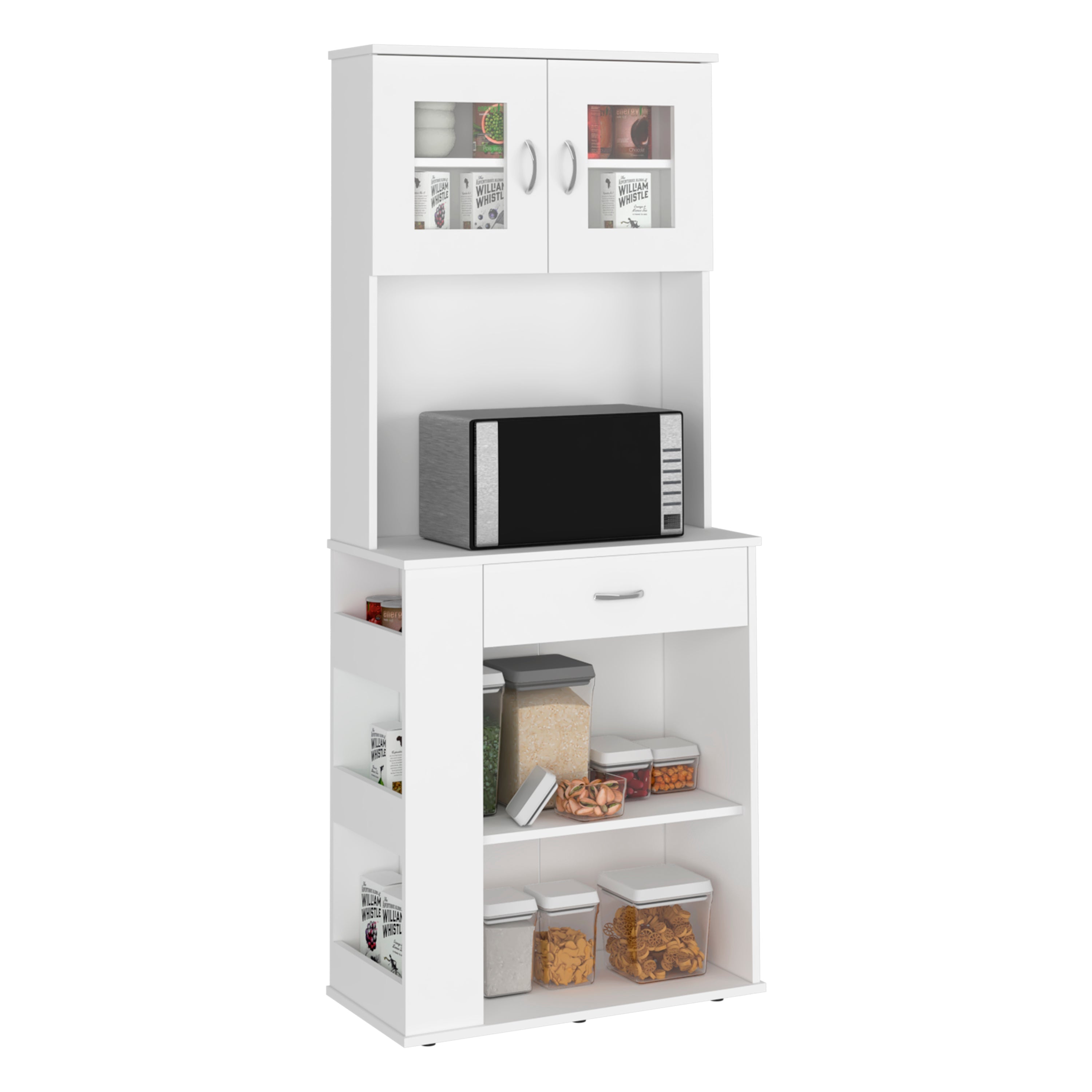 Victoria Pantry Double Door Cabinet, One Drawer, Two Shelves, Three Side Shelves, White - Luciddepo