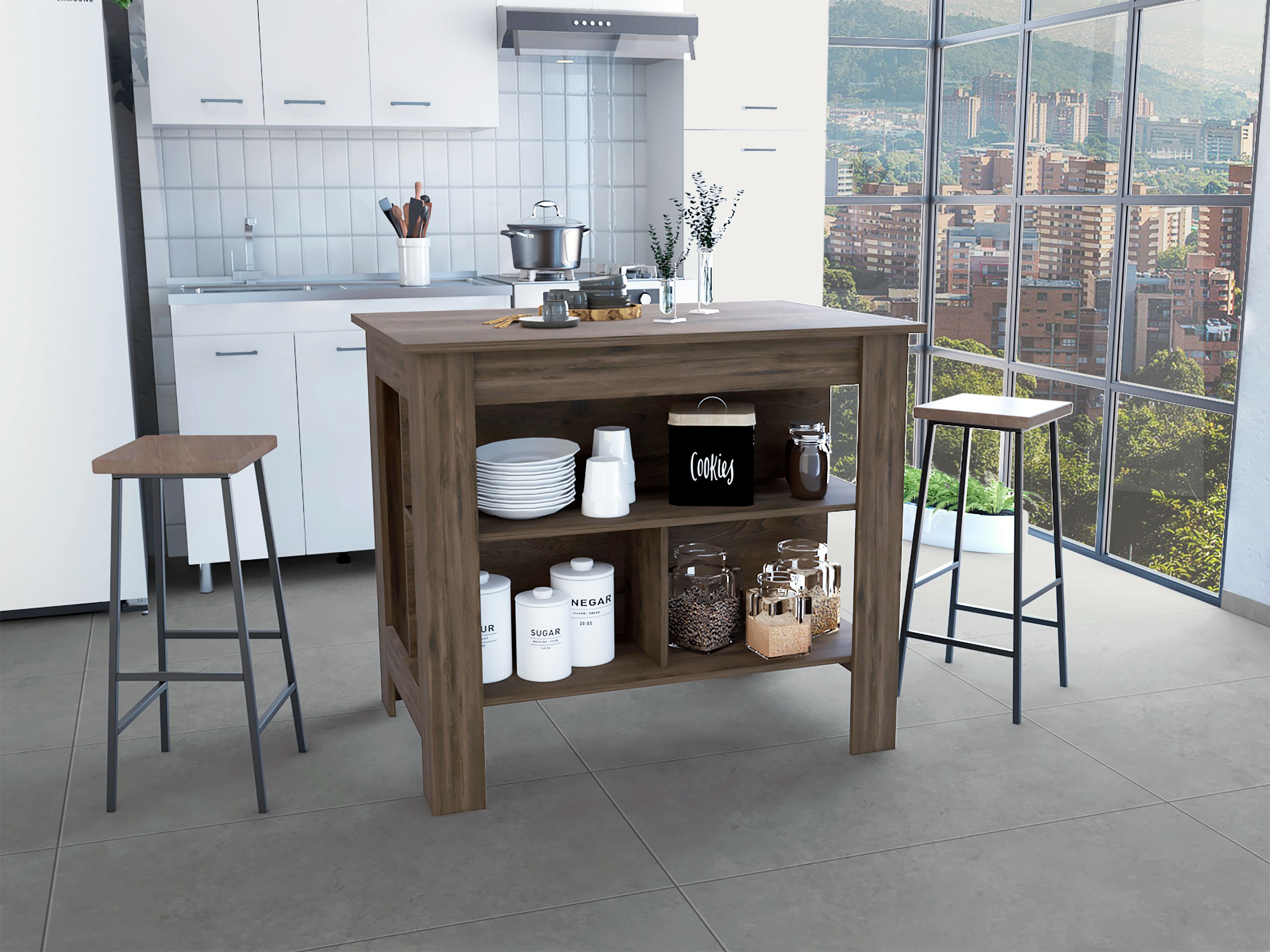 Delos Kitchen Island, Four Legs, Three Shelves, Dark Brown - Luciddepo