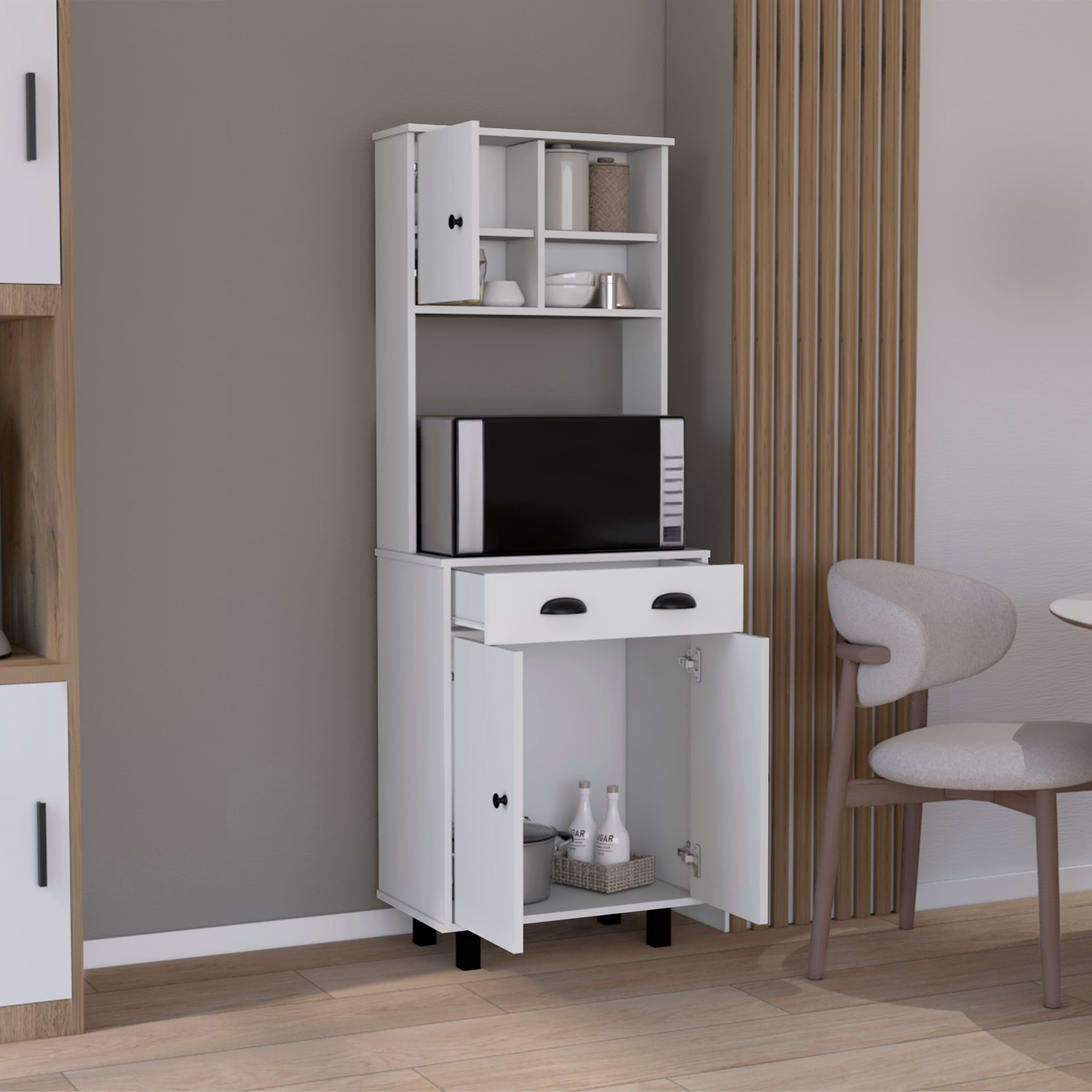 Waco 67" H Kitchen Pantry with Two Cabinets, Two Open Shelves, and One Drawer,White - Luciddepo