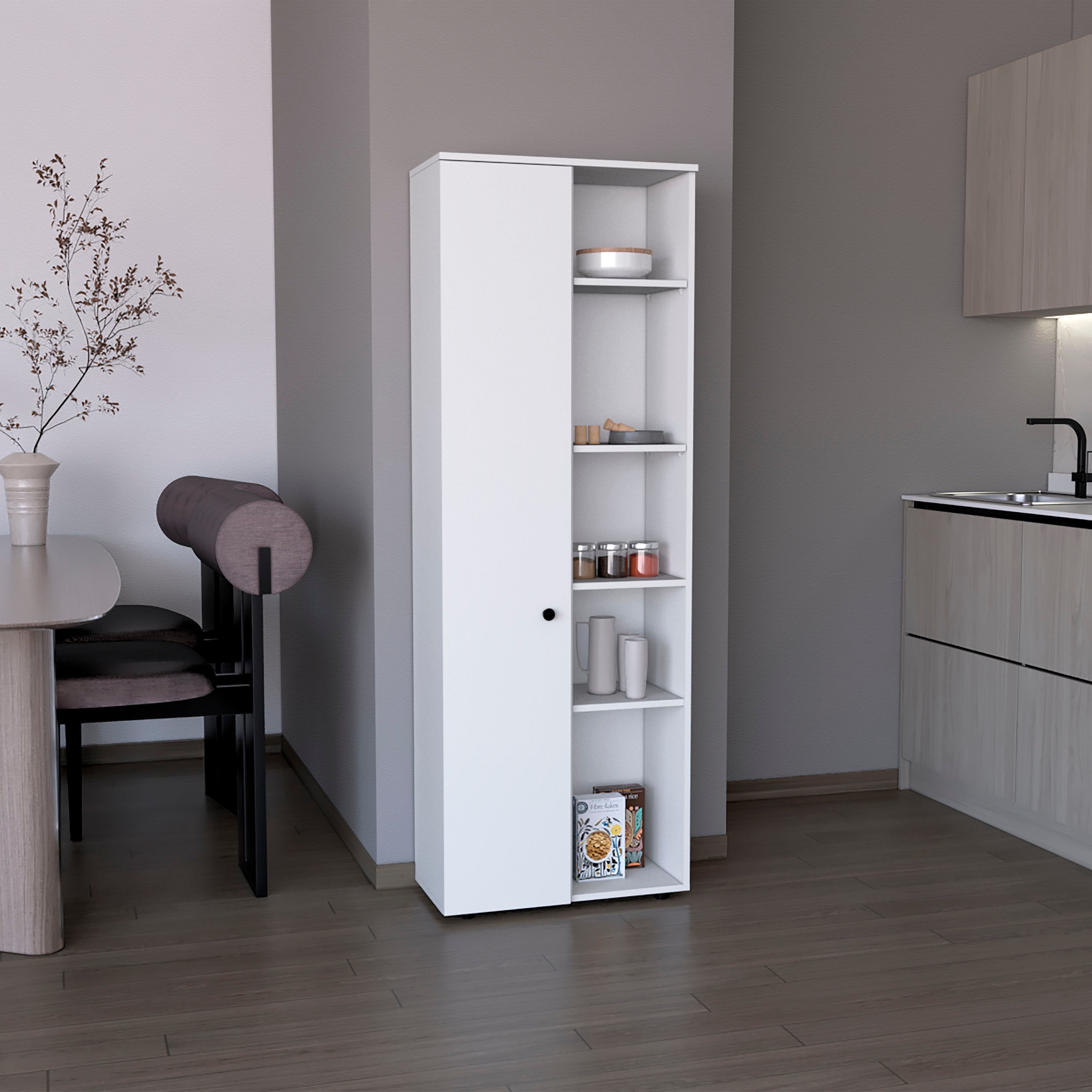 Cary 67" H Kitchen Storage Cabinet With One Door, Five Interior Shelves and Five Exterior Shelves,White - Luciddepo