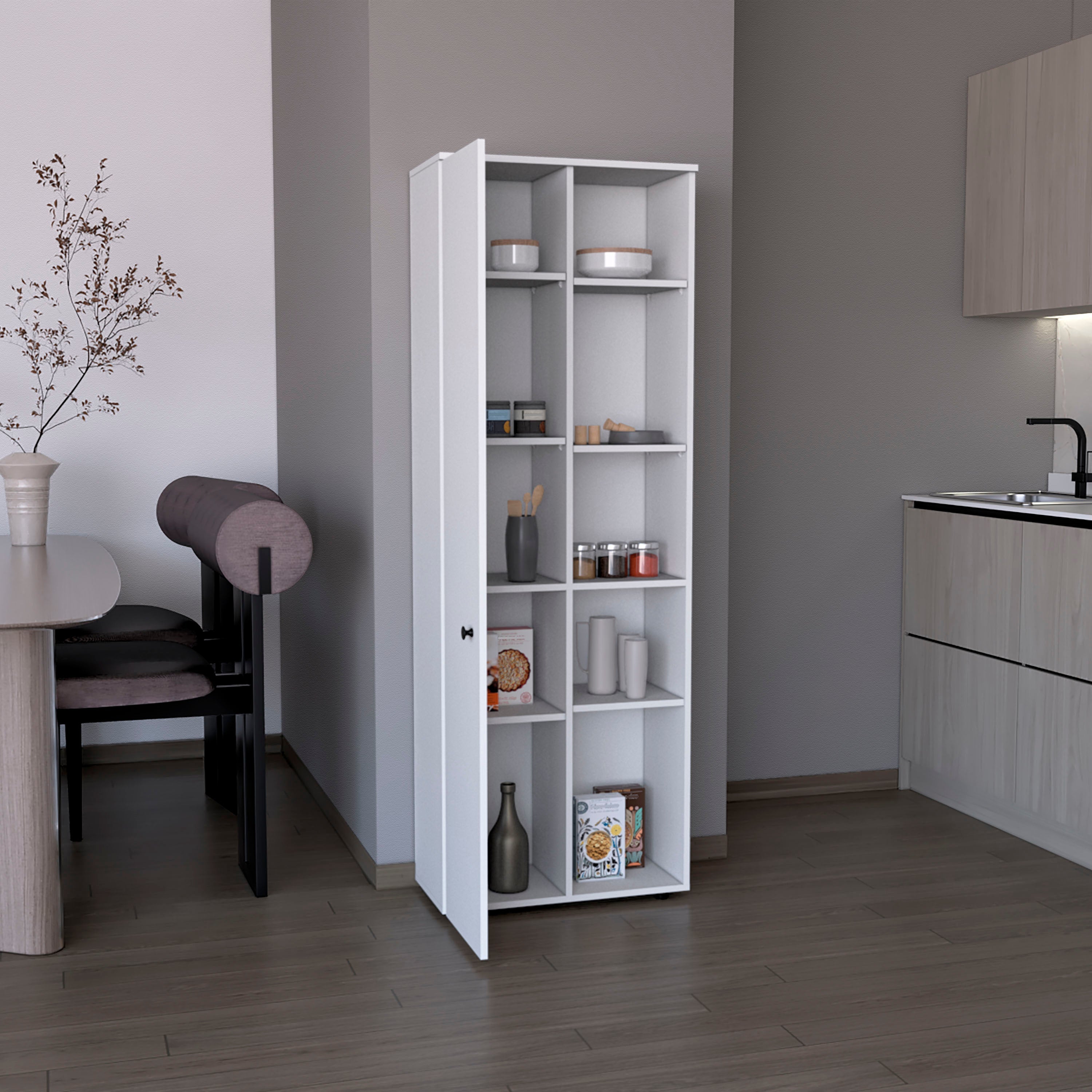 Cary 67" H Kitchen Storage Cabinet With One Door, Five Interior Shelves and Five Exterior Shelves,White - Luciddepo