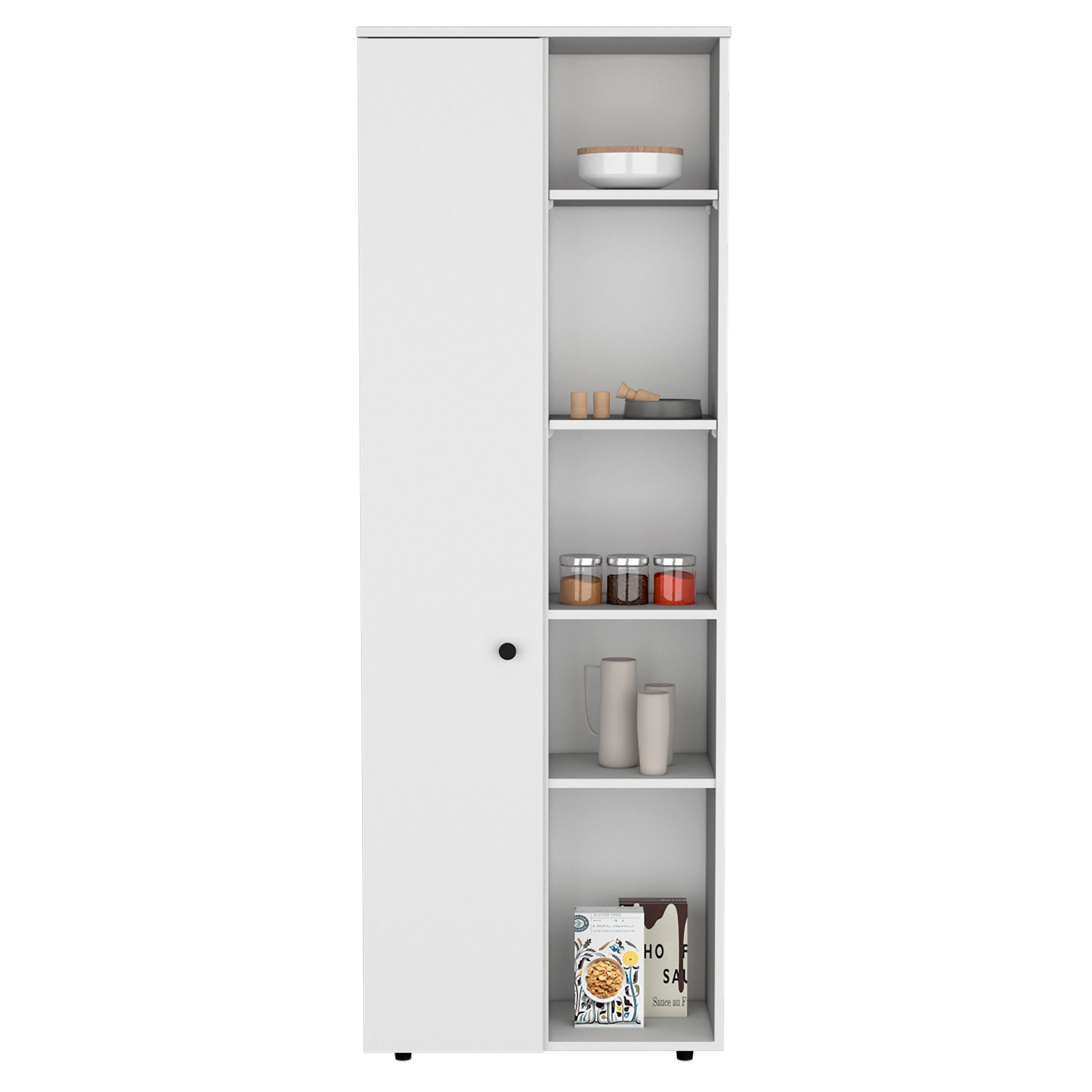 Cary 67" H Kitchen Storage Cabinet With One Door, Five Interior Shelves and Five Exterior Shelves,White - Luciddepo