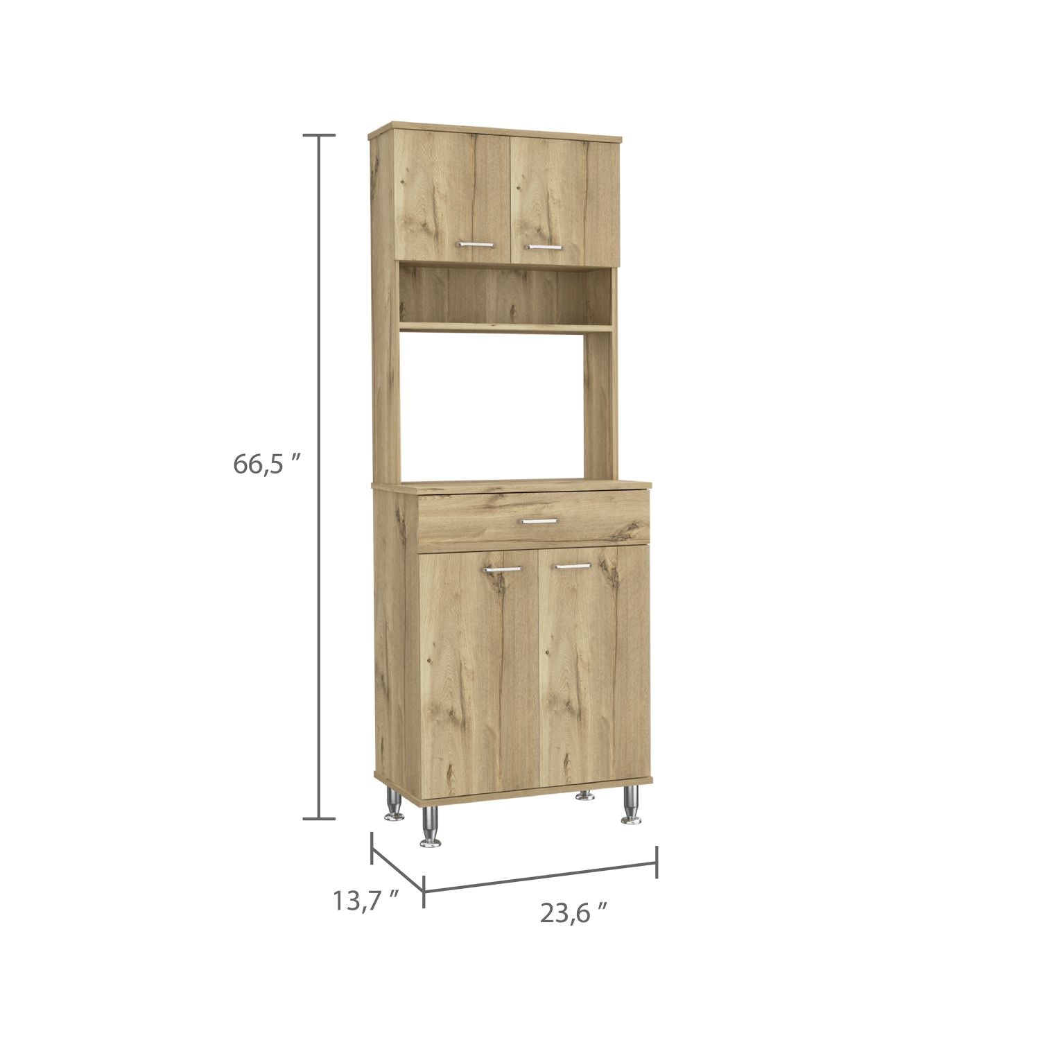 Helis 60 Pantry Double Door Cabinet, One Drawer, Four Legs, Three Shelves , Light Oak - Luciddepo
