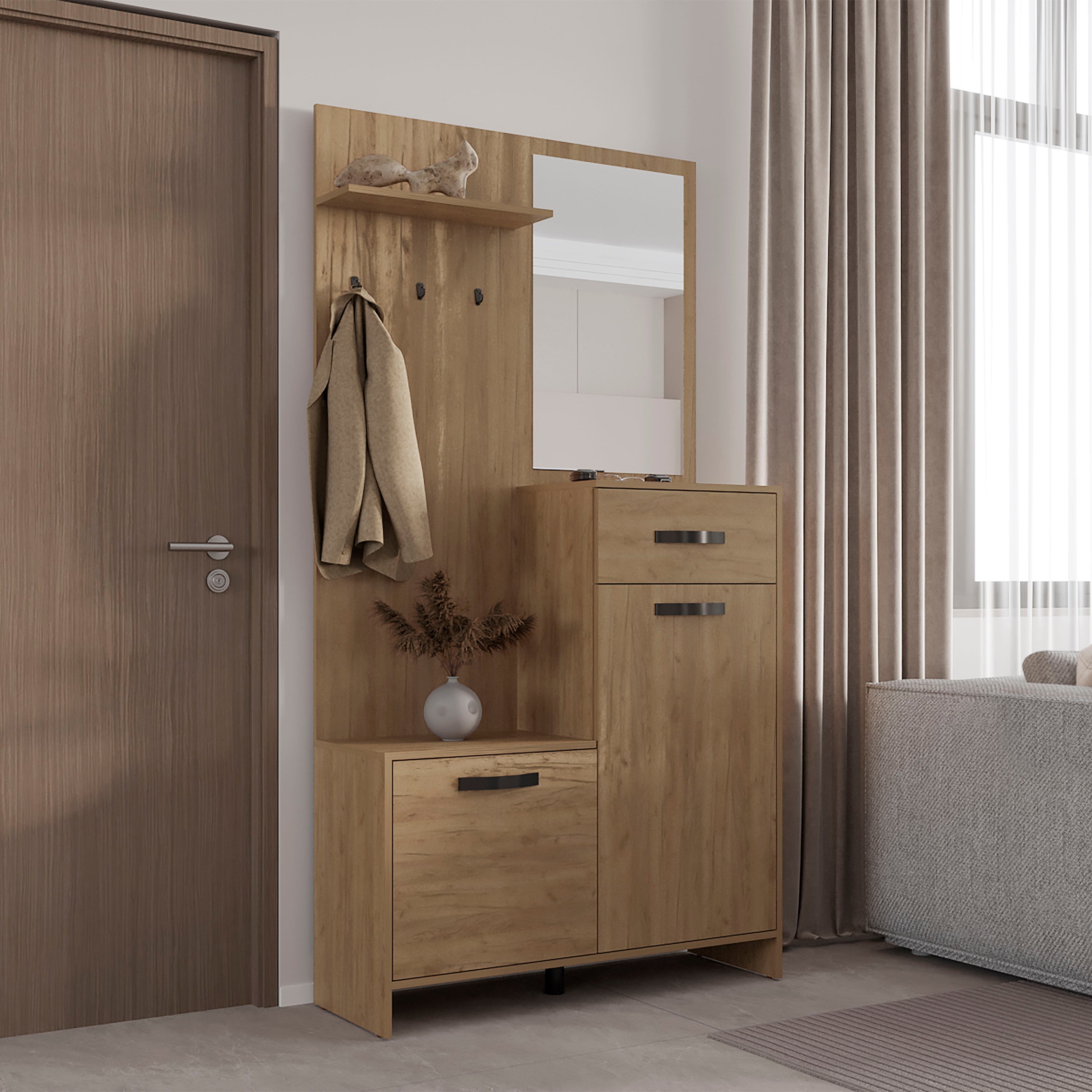 Olpe Hall Tree, 2 Doors, 1 Drawer, 1 Shelf, 1 Mirror, Natural Oak - Luciddepo