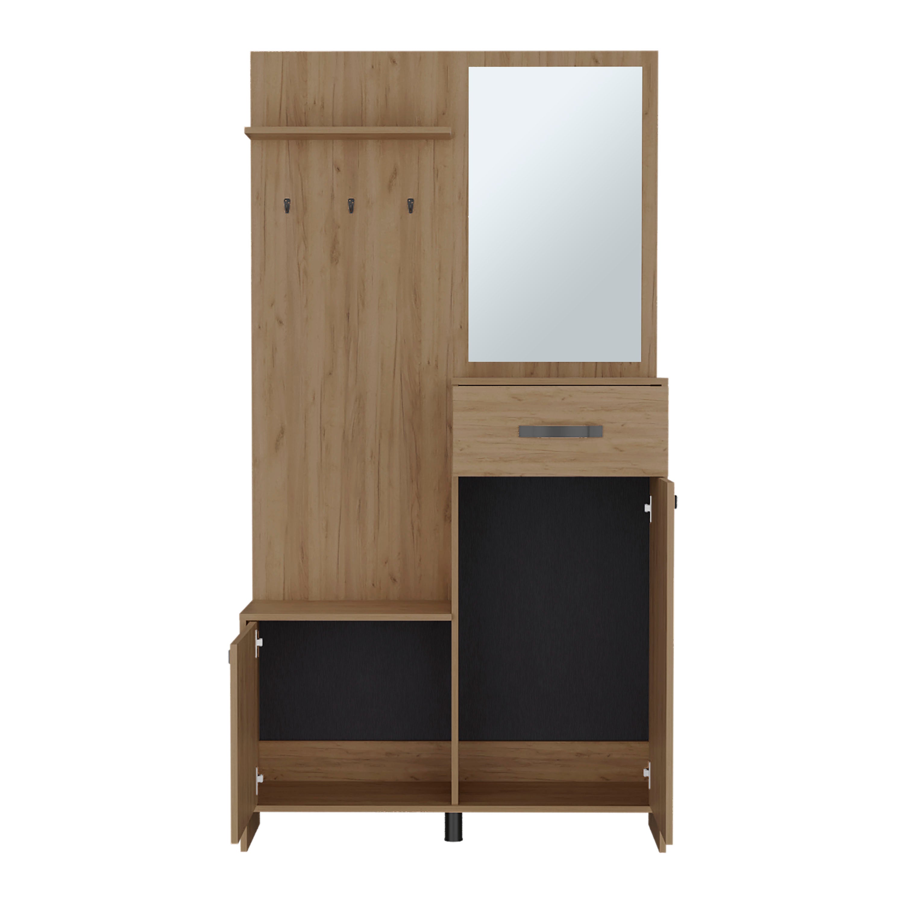 Olpe Hall Tree, 2 Doors, 1 Drawer, 1 Shelf, 1 Mirror, Natural Oak - Luciddepo