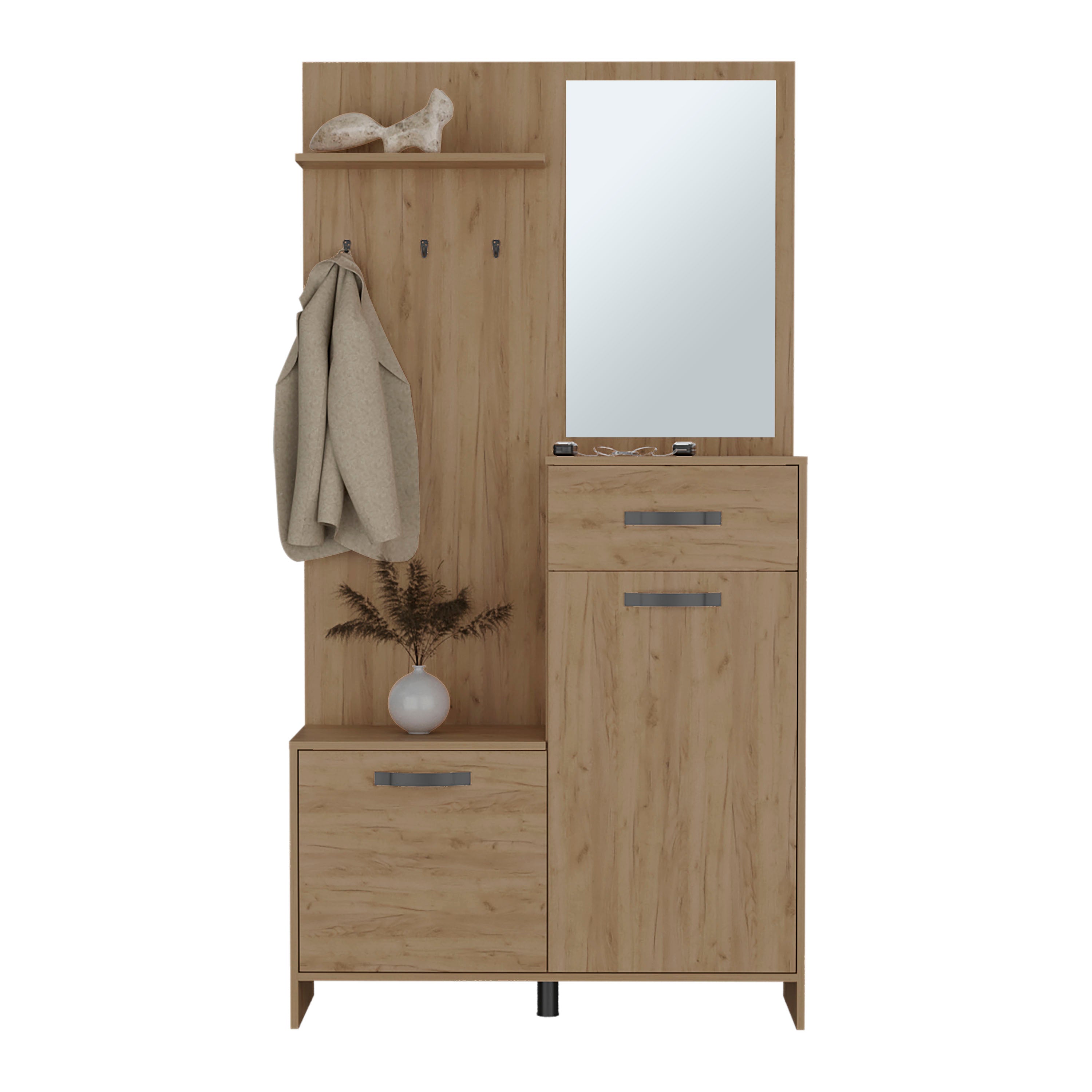 Olpe Hall Tree, 2 Doors, 1 Drawer, 1 Shelf, 1 Mirror, Natural Oak - Luciddepo
