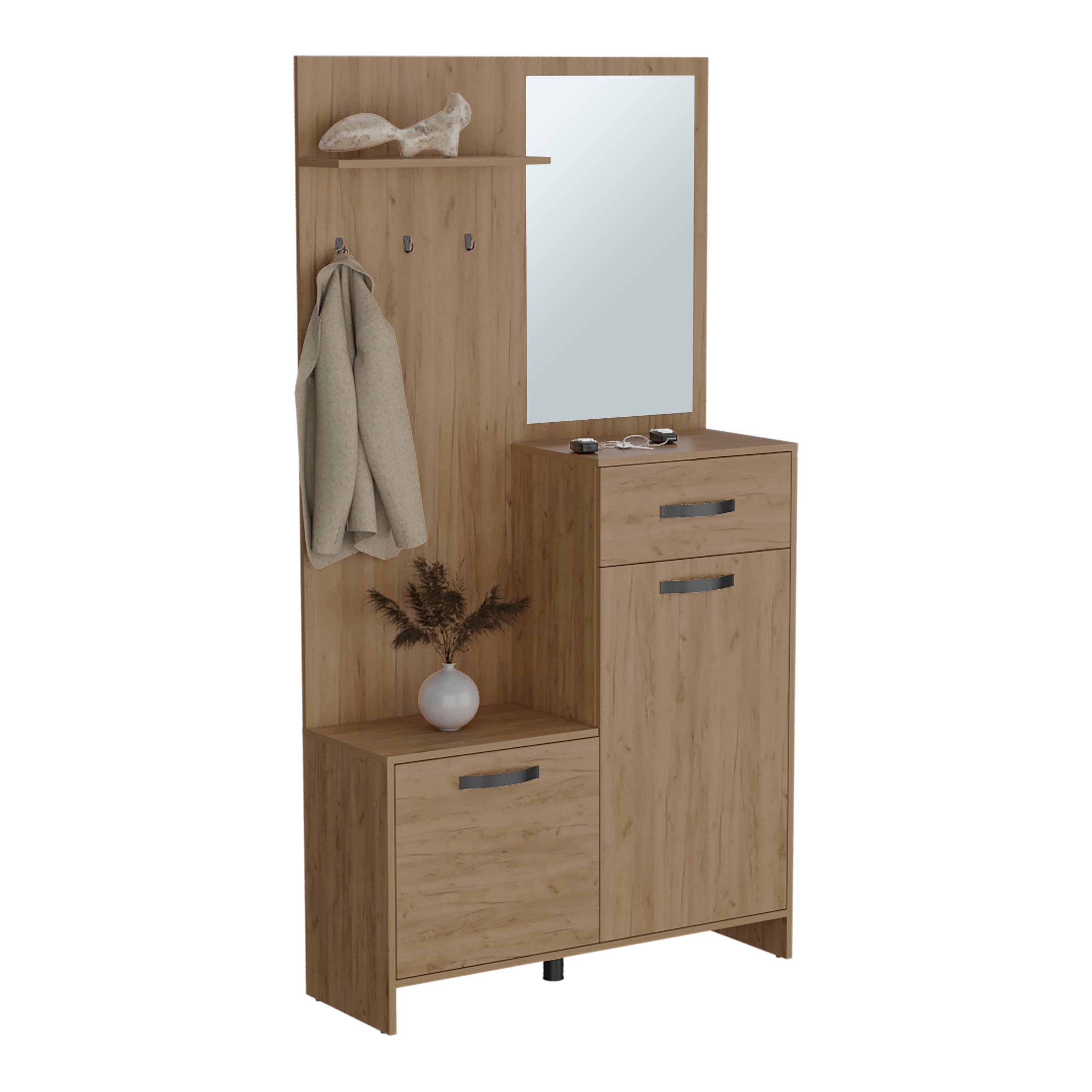 Olpe Hall Tree, 2 Doors, 1 Drawer, 1 Shelf, 1 Mirror, Natural Oak - Luciddepo
