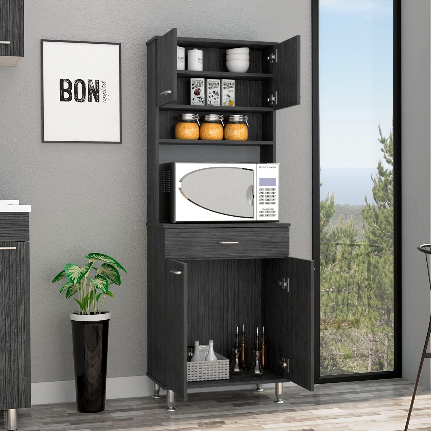 Helis 60 Pantry Double Door Cabinet, One Drawer, Four Legs, Three Shelves , Smokey Oak - Luciddepo