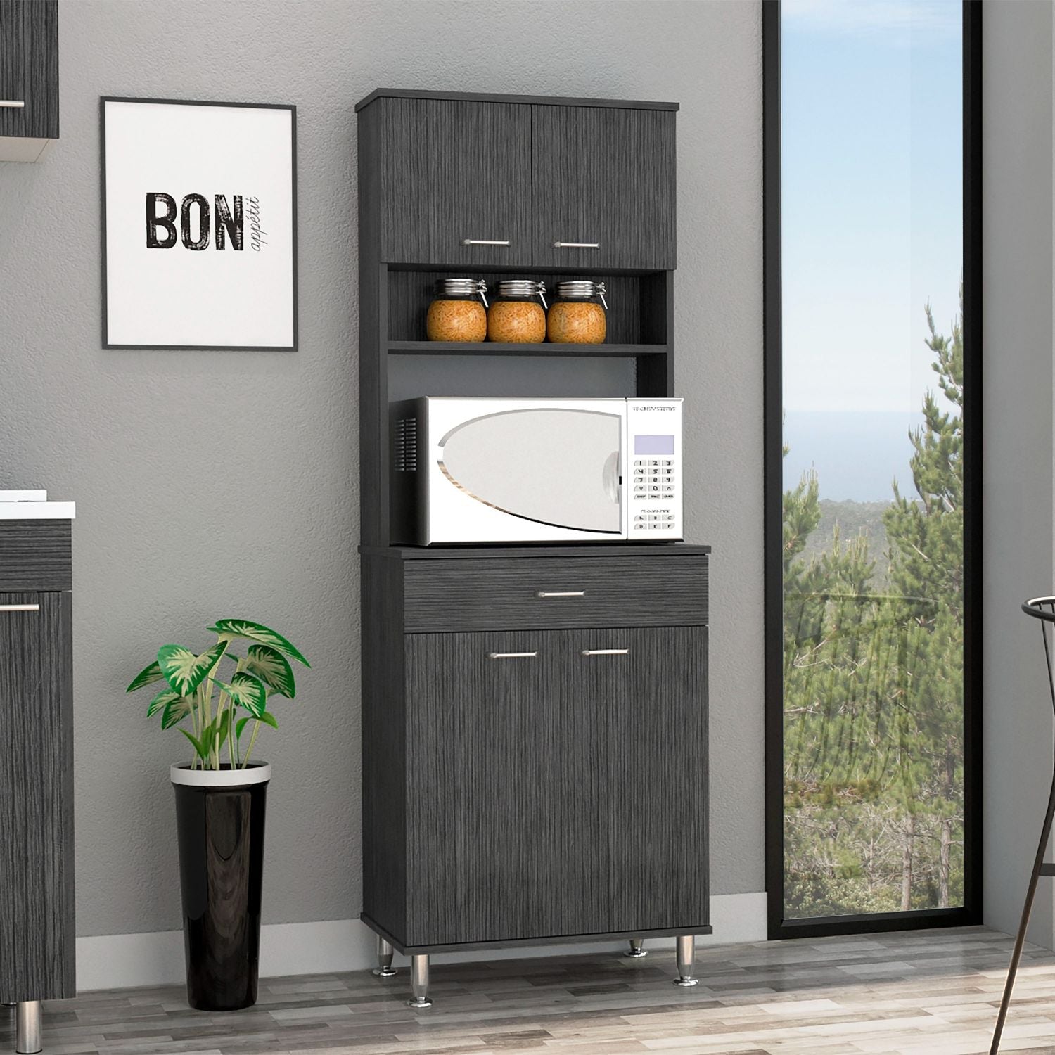 Helis 60 Pantry Double Door Cabinet, One Drawer, Four Legs, Three Shelves , Smokey Oak - Luciddepo