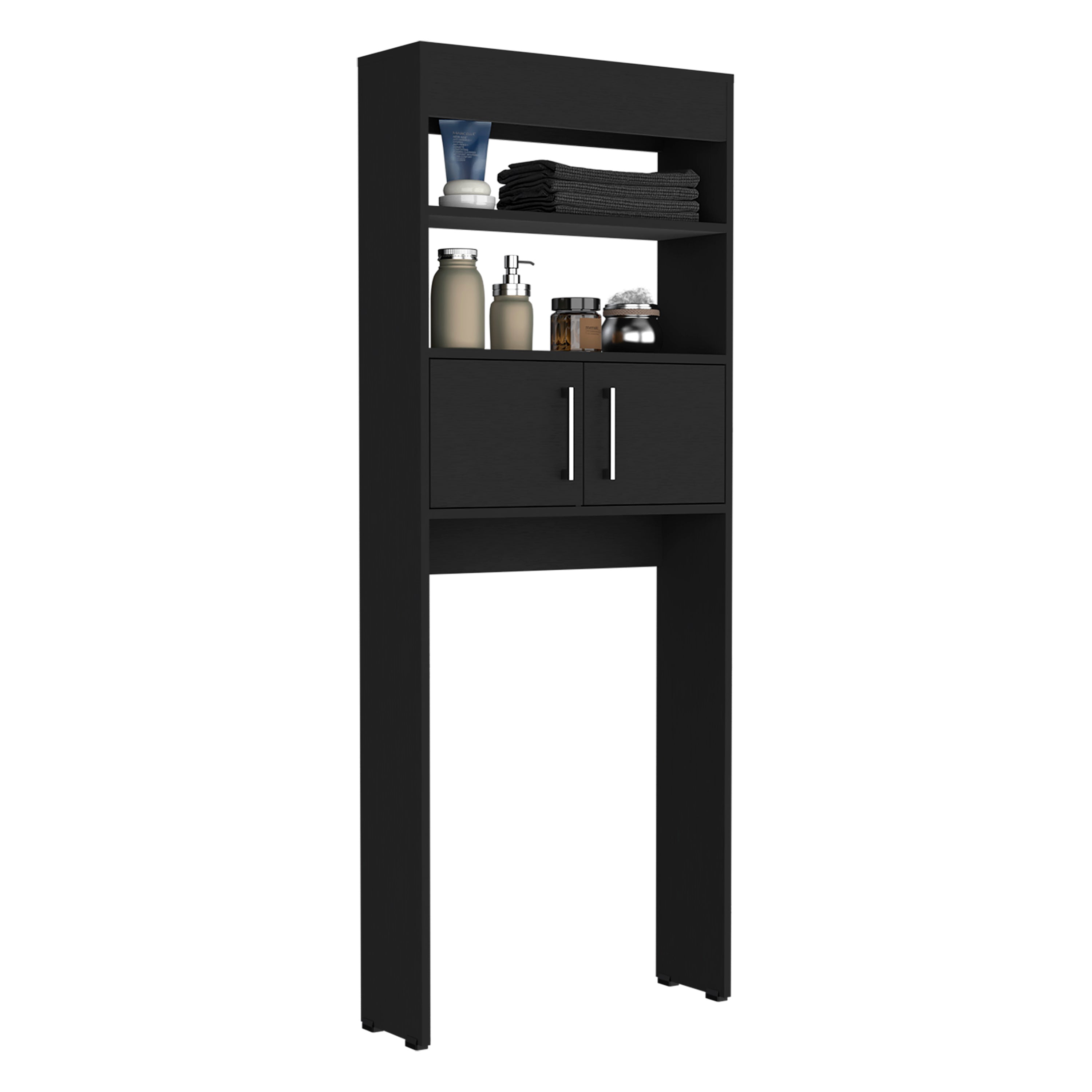 Atlas Over The Toilet Cabinet with Two Shelves and Double Door, Black - Luciddepo