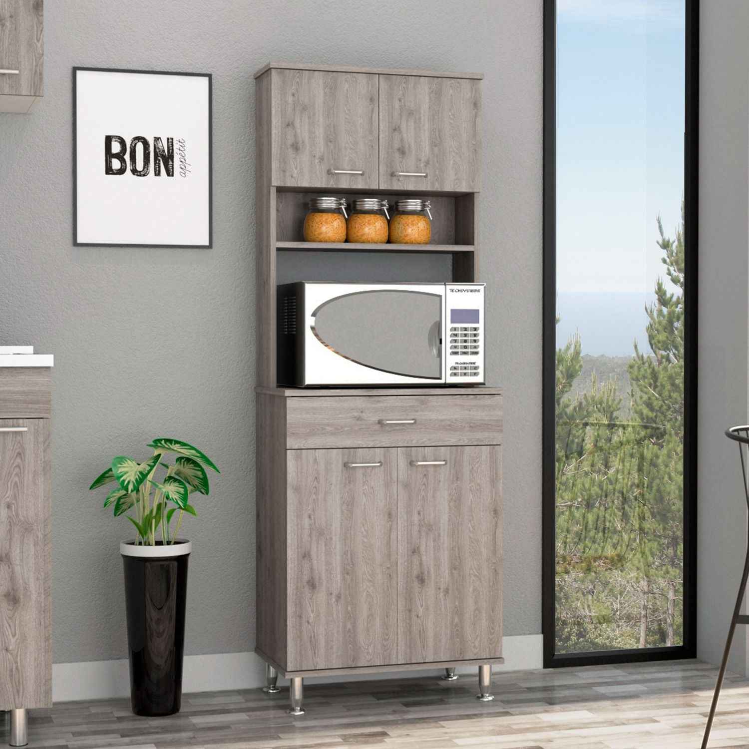 Helis 60 Pantry Double Door Cabinet, One Drawer, Four Legs, Three Shelves , Light Gray