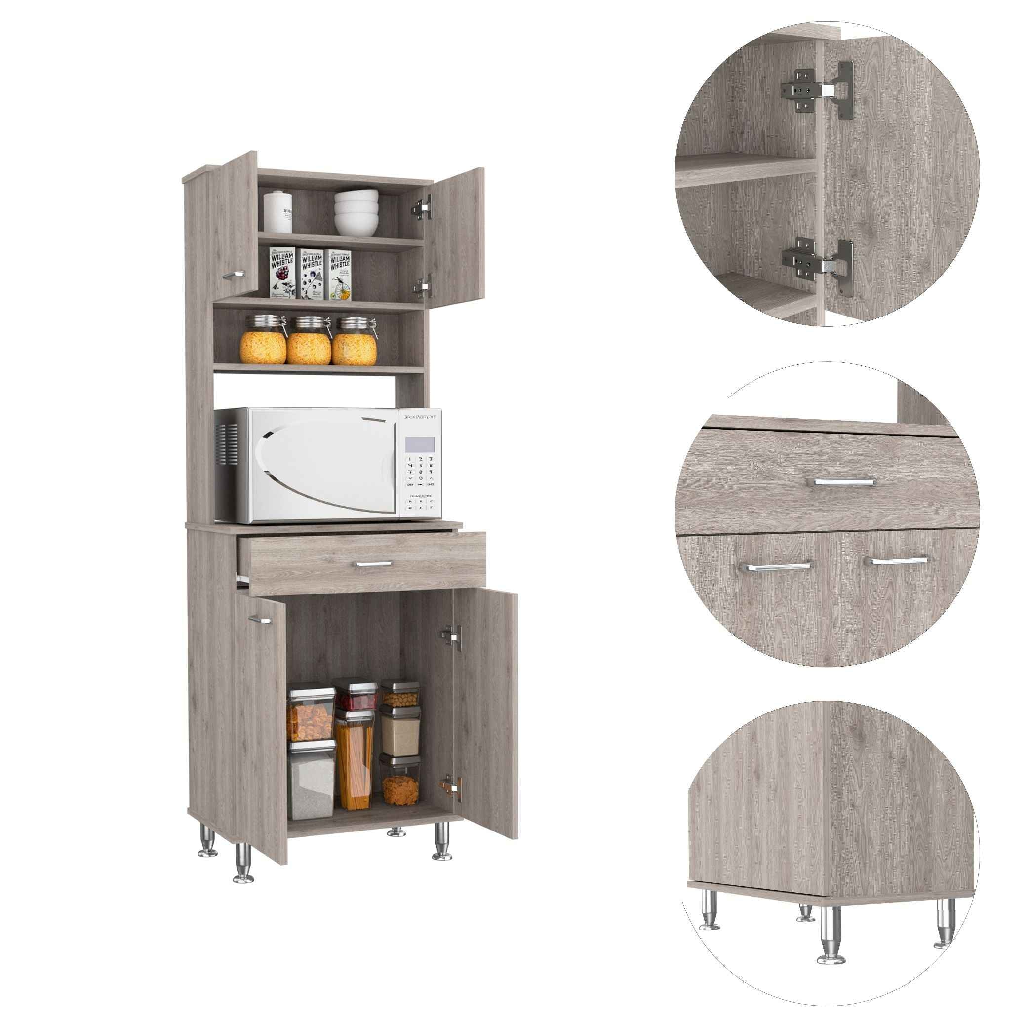 Helis 60 Pantry Double Door Cabinet, One Drawer, Four Legs, Three Shelves , Light Gray