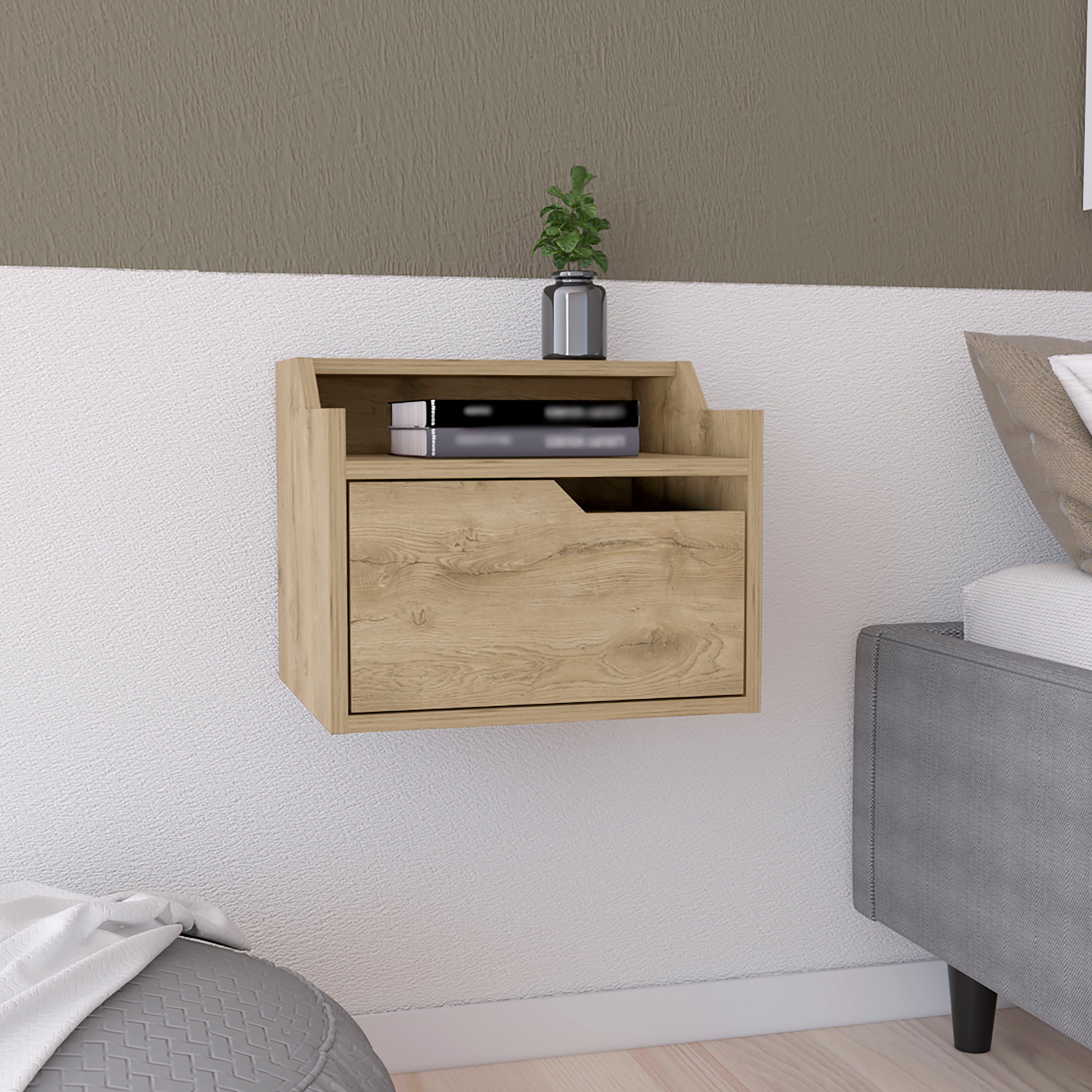 Winchester Floating Nightstand, Modern Dual-Tier Design with Spacious Single Drawer Storage, Macadamia - Luciddepo