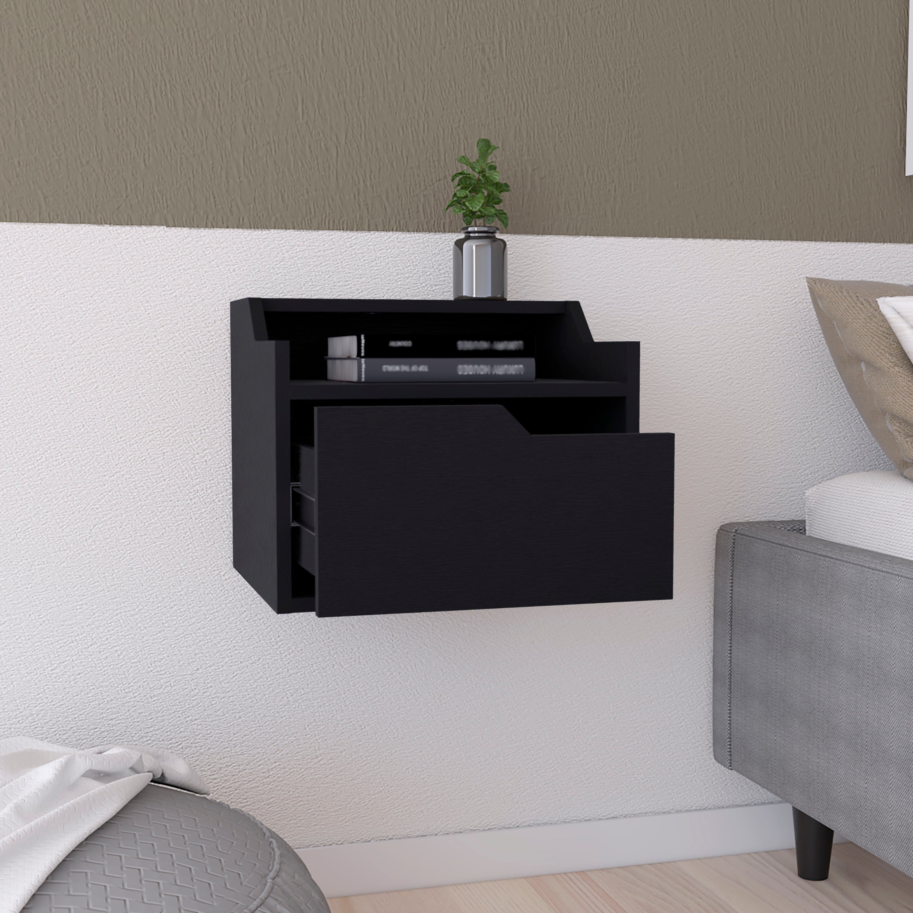 Winchester Floating Nightstand, Modern Dual-Tier Design with Spacious Single Drawer Storage, Black - Luciddepo