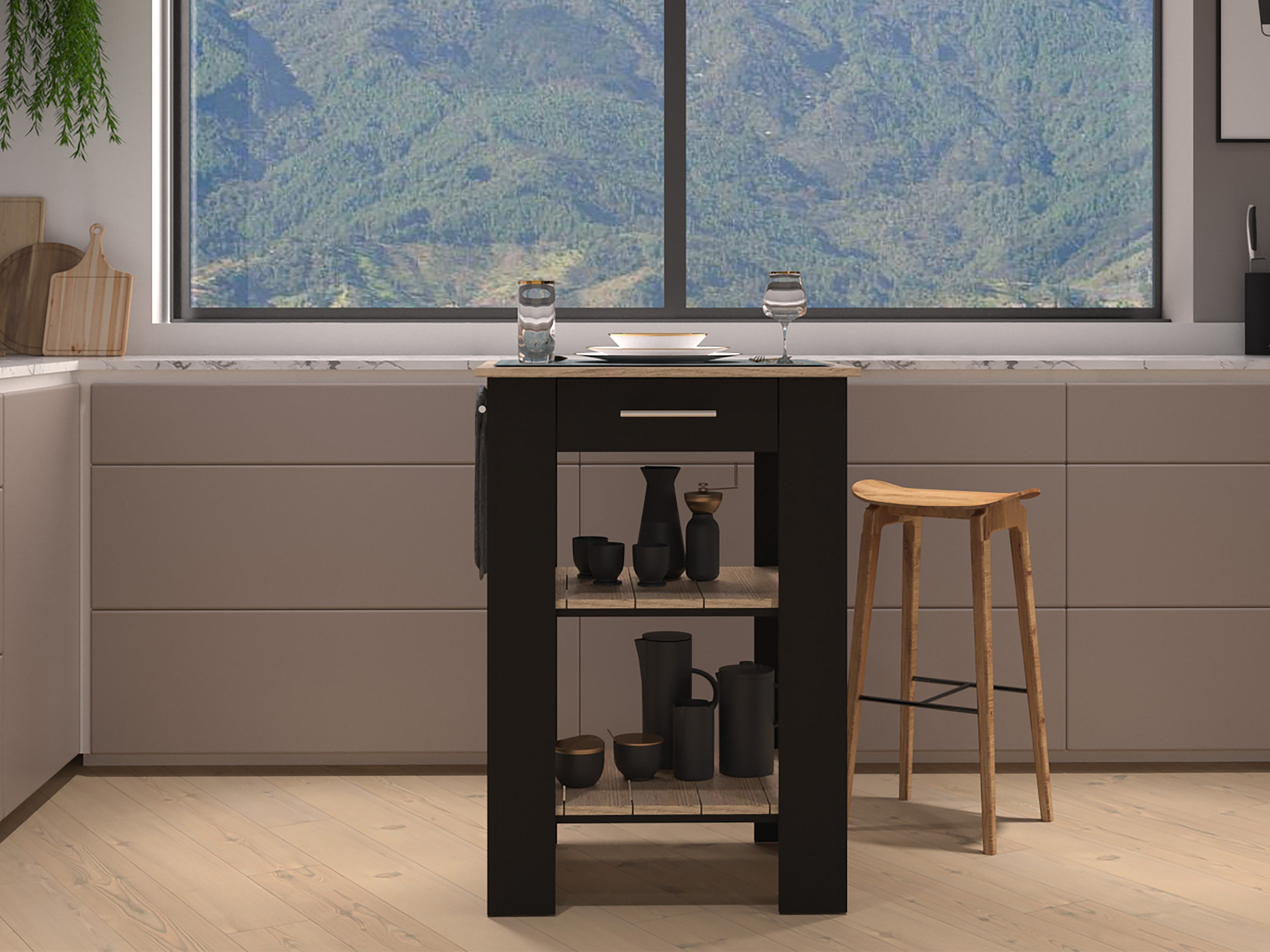 Delos 23 Kitchen Island with 2-Open Storage Shelves, 1-Drawer and Towel Rack, Black / Light Oak - Luciddepo