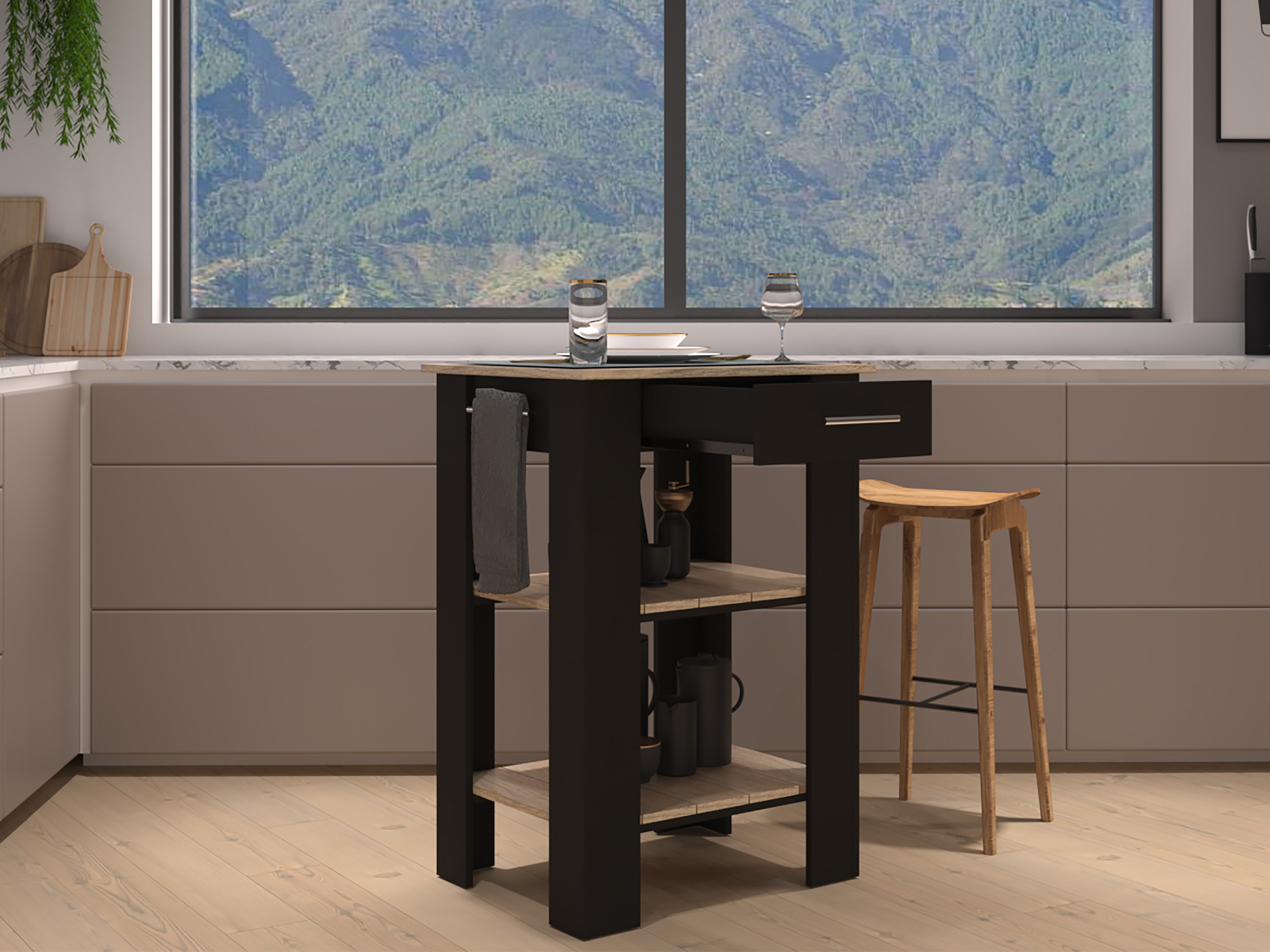 Delos 23 Kitchen Island with 2-Open Storage Shelves, 1-Drawer and Towel Rack, Black / Light Oak - Luciddepo