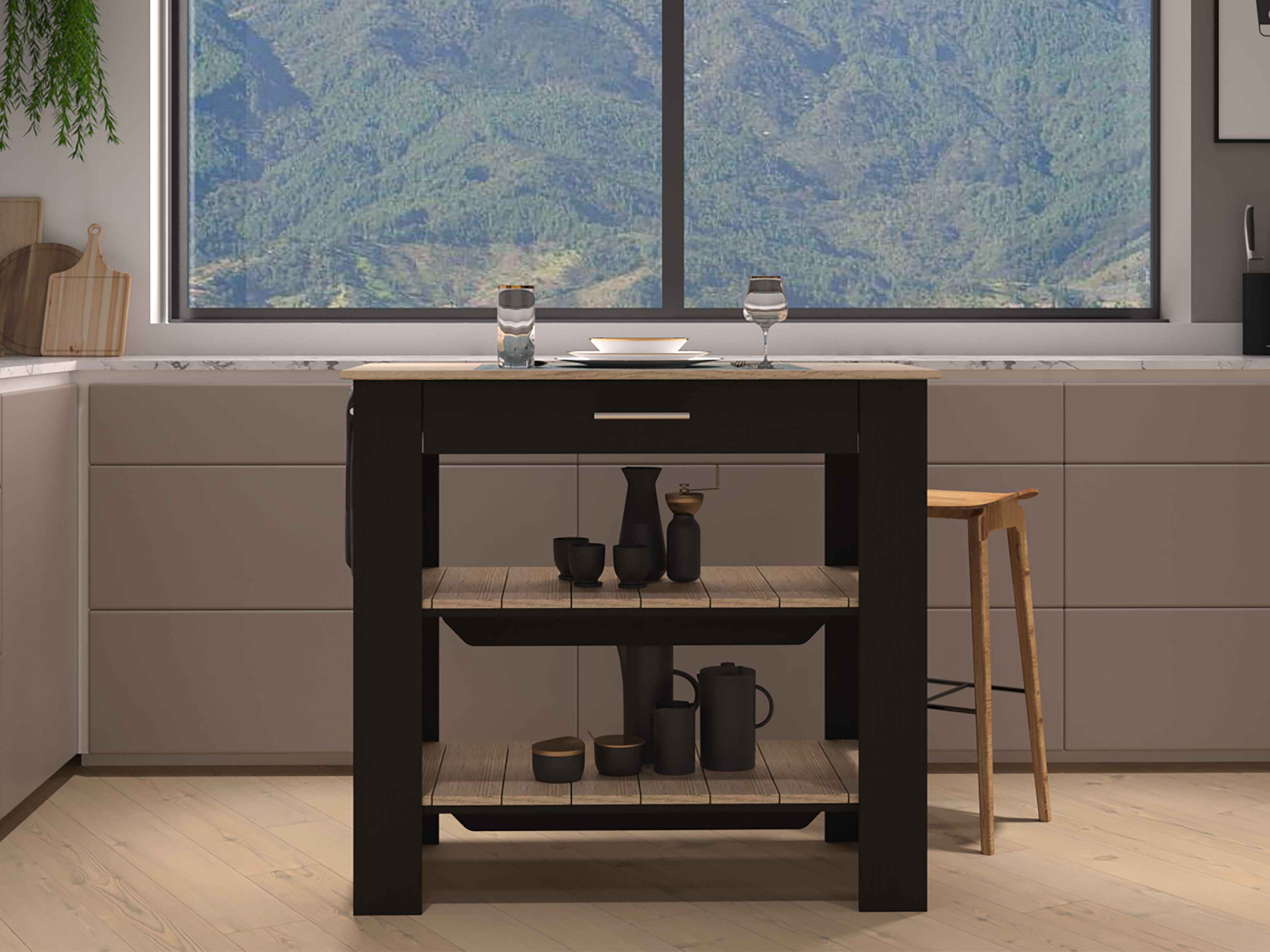 Delos 40 Kitchen Island, Two Shelves, One Drawer, Four Legs, Black / Light Oak