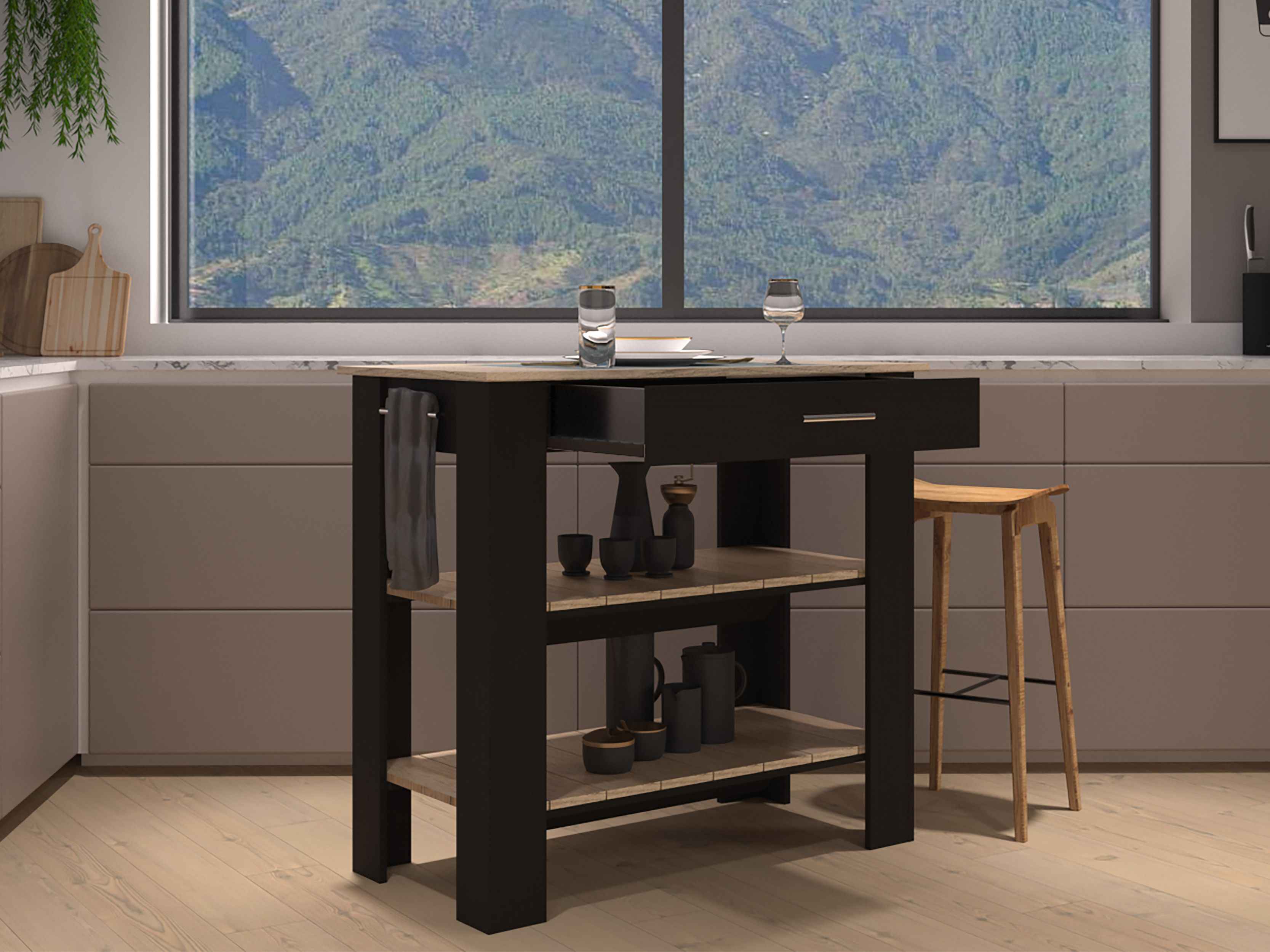 Delos 40 Kitchen Island, Two Shelves, One Drawer, Four Legs, Black / Light Oak