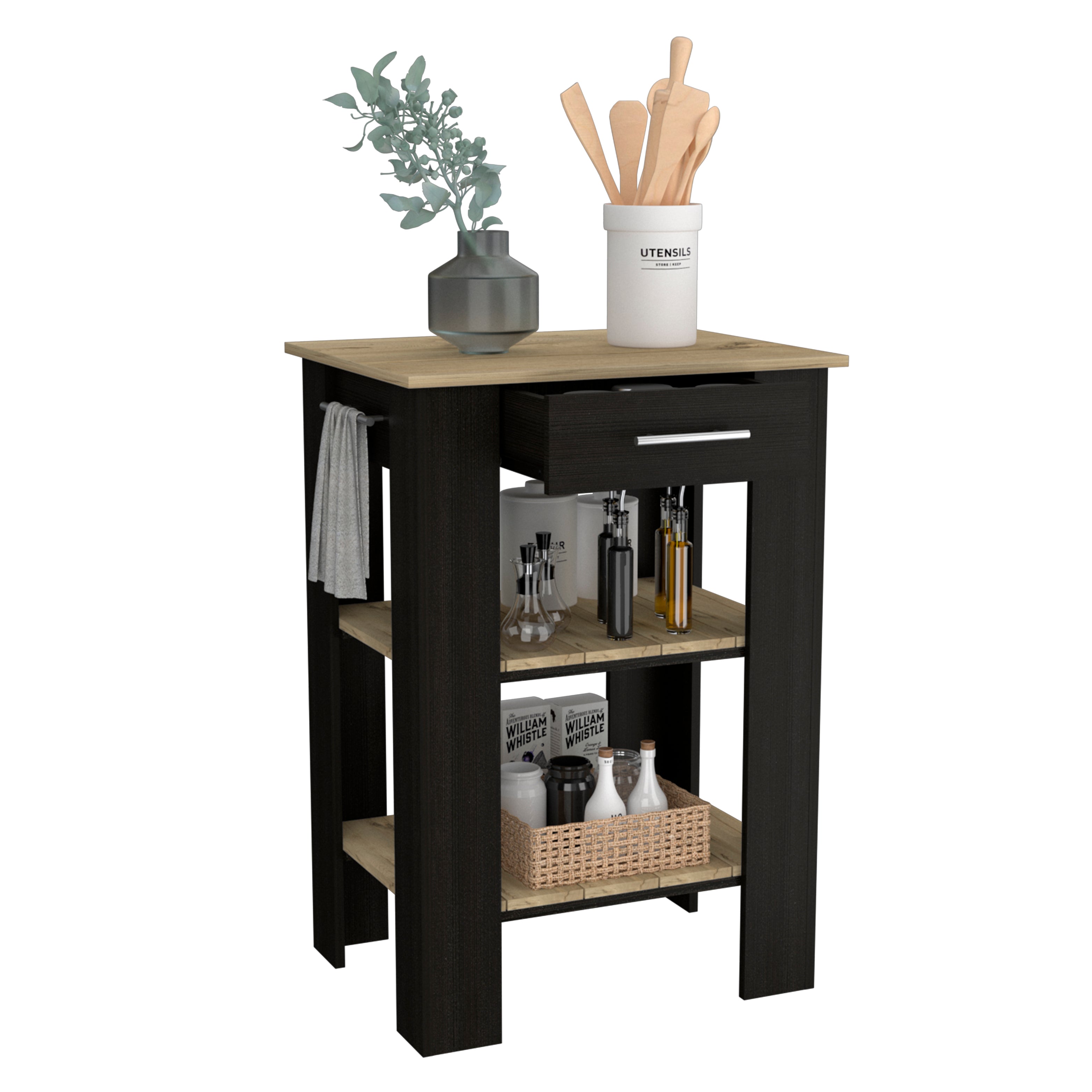 Delos 23 Kitchen Island with 2-Open Storage Shelves, 1-Drawer and Towel Rack, Black / Light Oak - Luciddepo