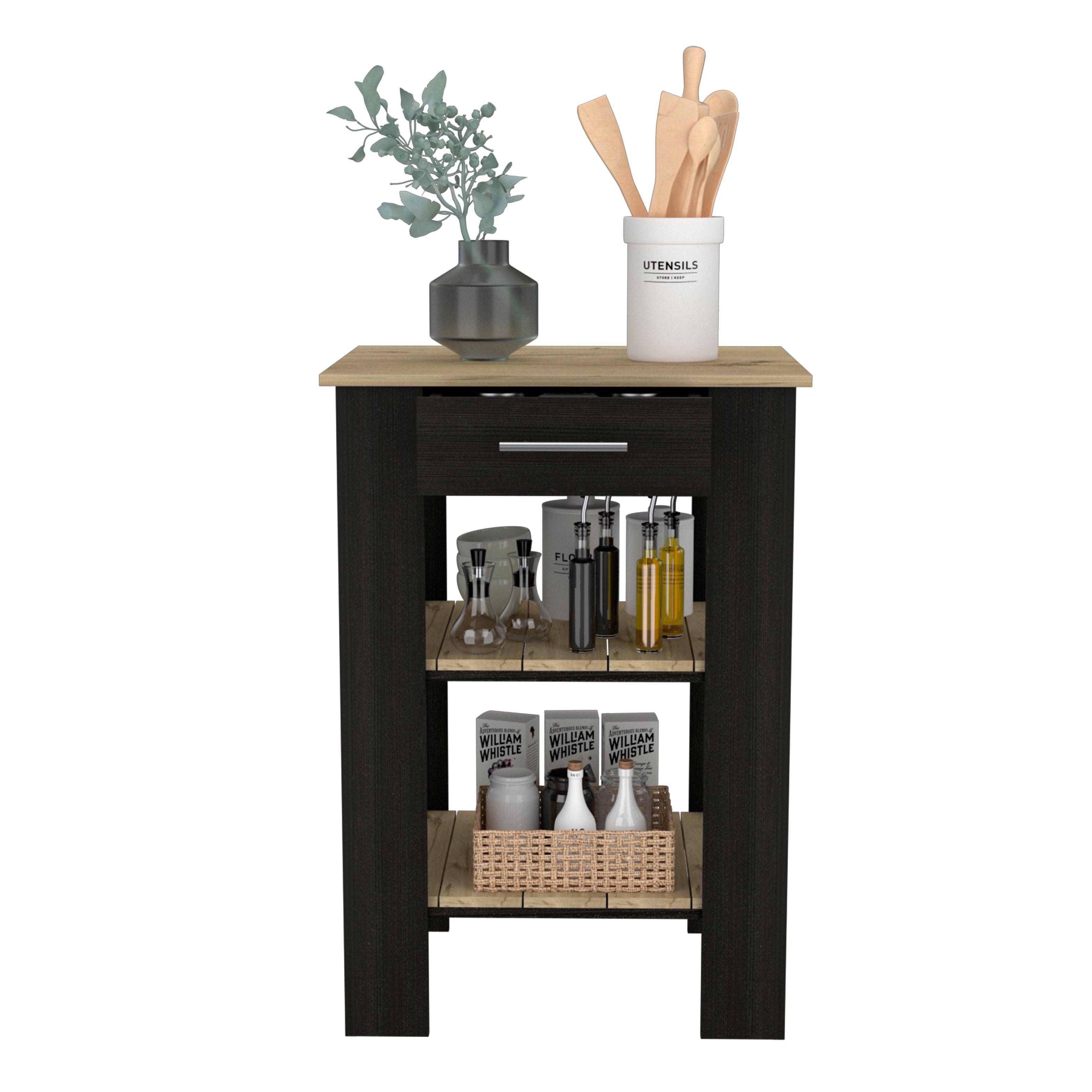 Delos 23 Kitchen Island with 2-Open Storage Shelves, 1-Drawer and Towel Rack, Black / Light Oak - Luciddepo