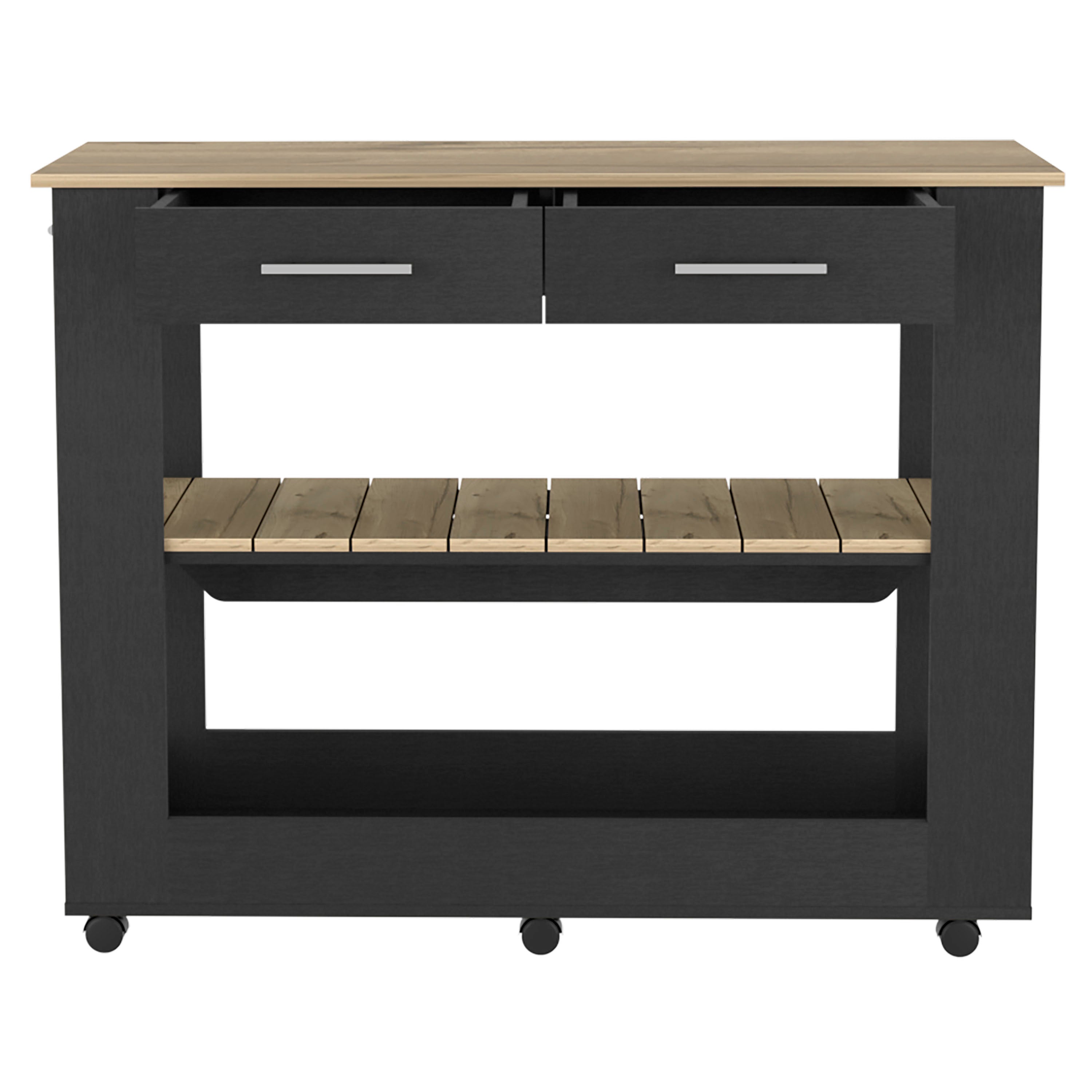 Delos 46 Kitchen Island White, Six Casters, Two Drawers, Lower Open Shelf, Black / Light Oak - Luciddepo