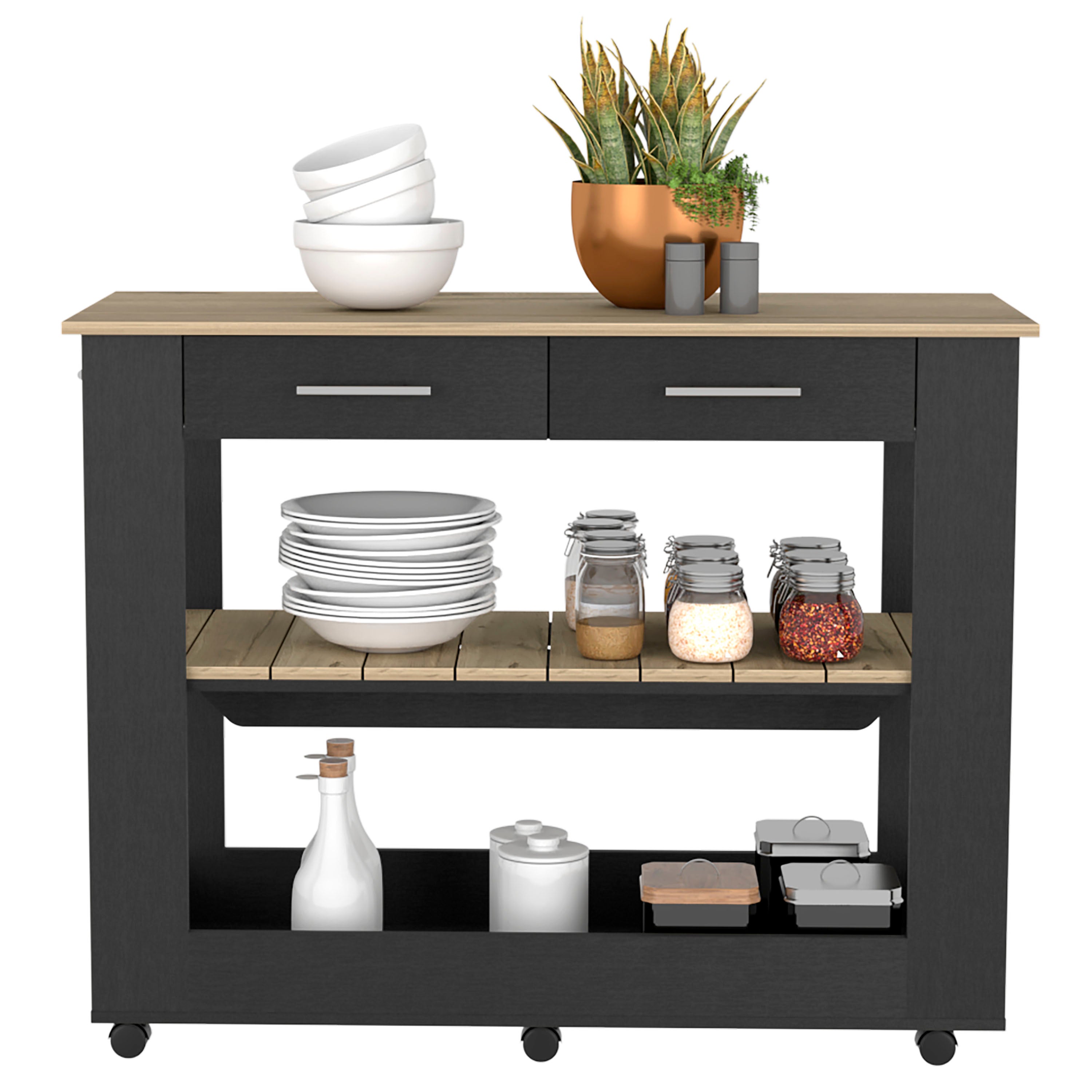 Delos 46 Kitchen Island White, Six Casters, Two Drawers, Lower Open Shelf, Black / Light Oak - Luciddepo