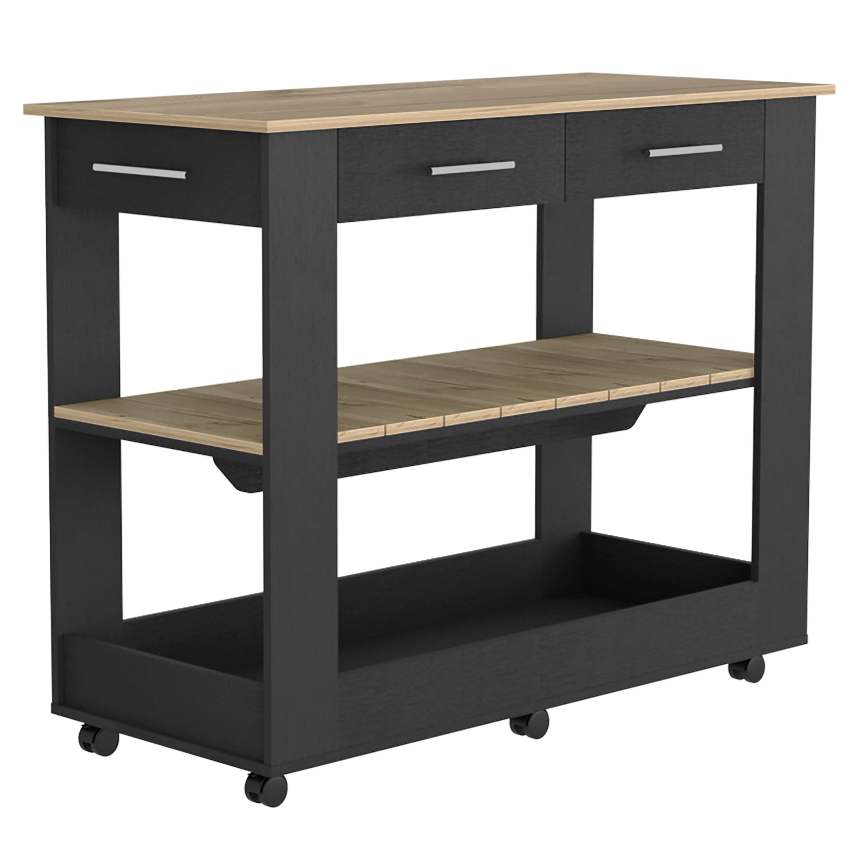 Delos 46 Kitchen Island White, Six Casters, Two Drawers, Lower Open Shelf, Black / Light Oak - Luciddepo