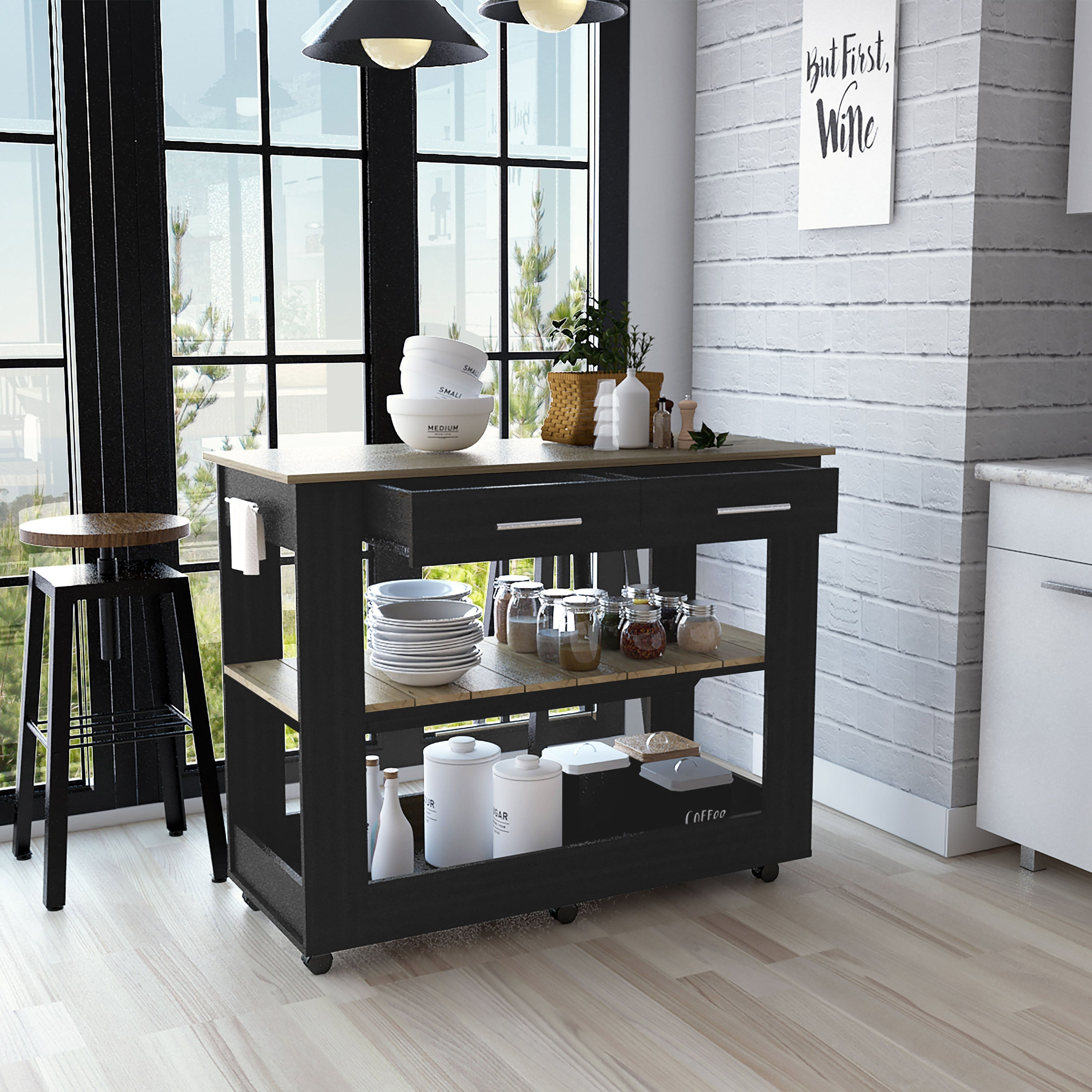 Delos 46 Kitchen Island White, Six Casters, Two Drawers, Lower Open Shelf, Black / Light Oak - Luciddepo