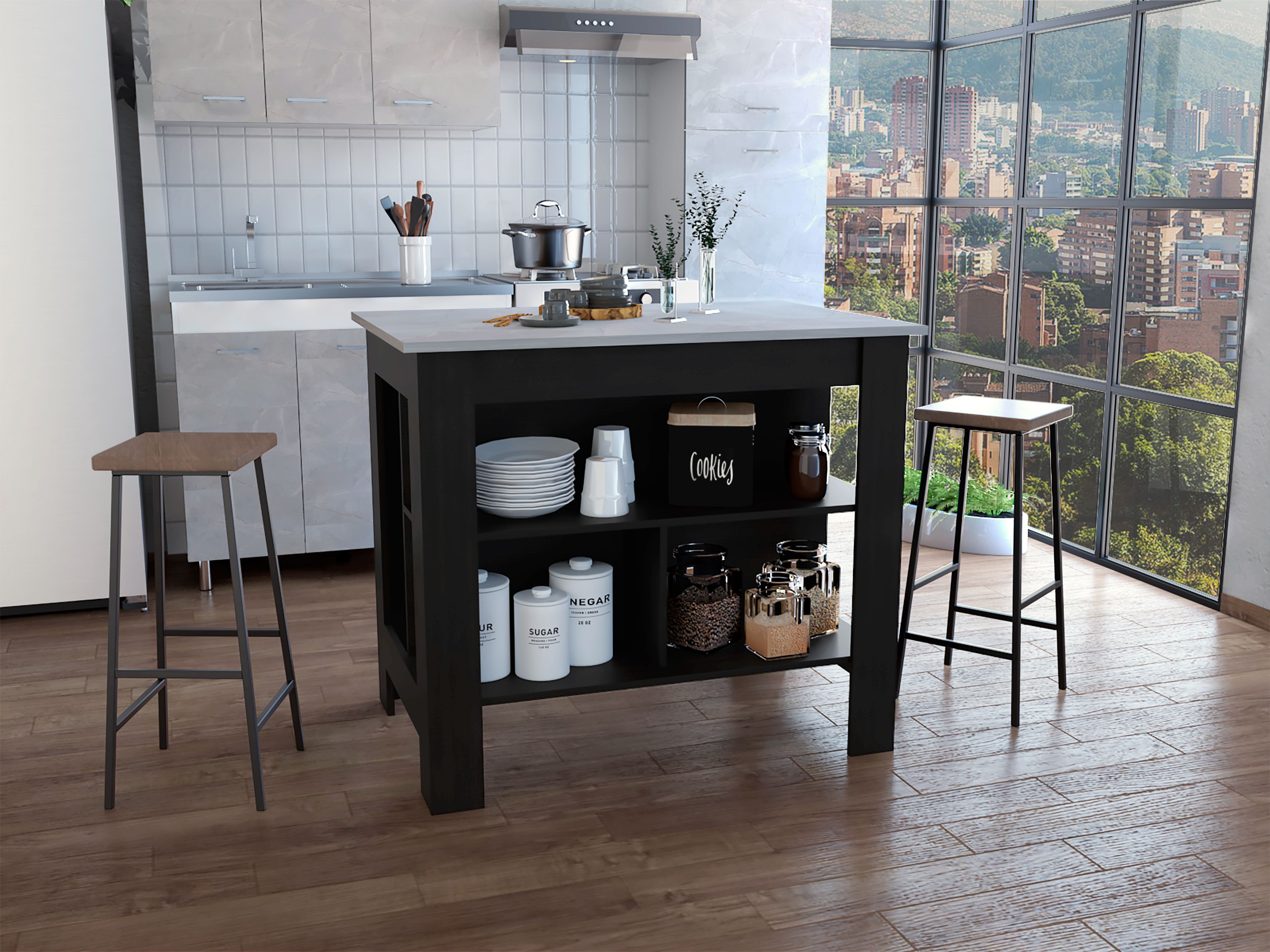 Delos Kitchen Island, Four Legs, Three Shelves, Black / Ibiza Marble - Luciddepo