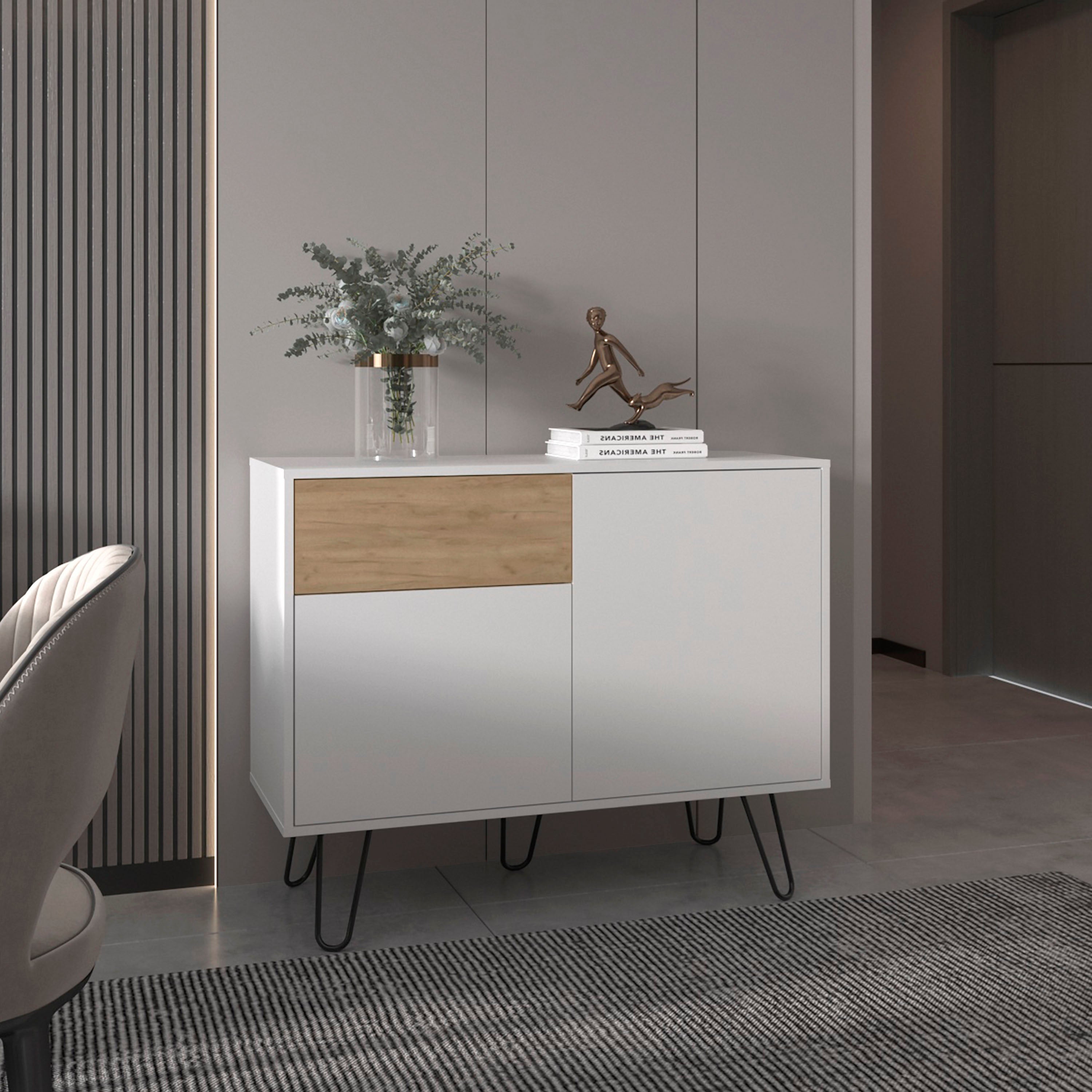 Chelan Sideboard, 2 Doors, 1 Drawer, 4 Shelves, White / Natural Oak - Luciddepo