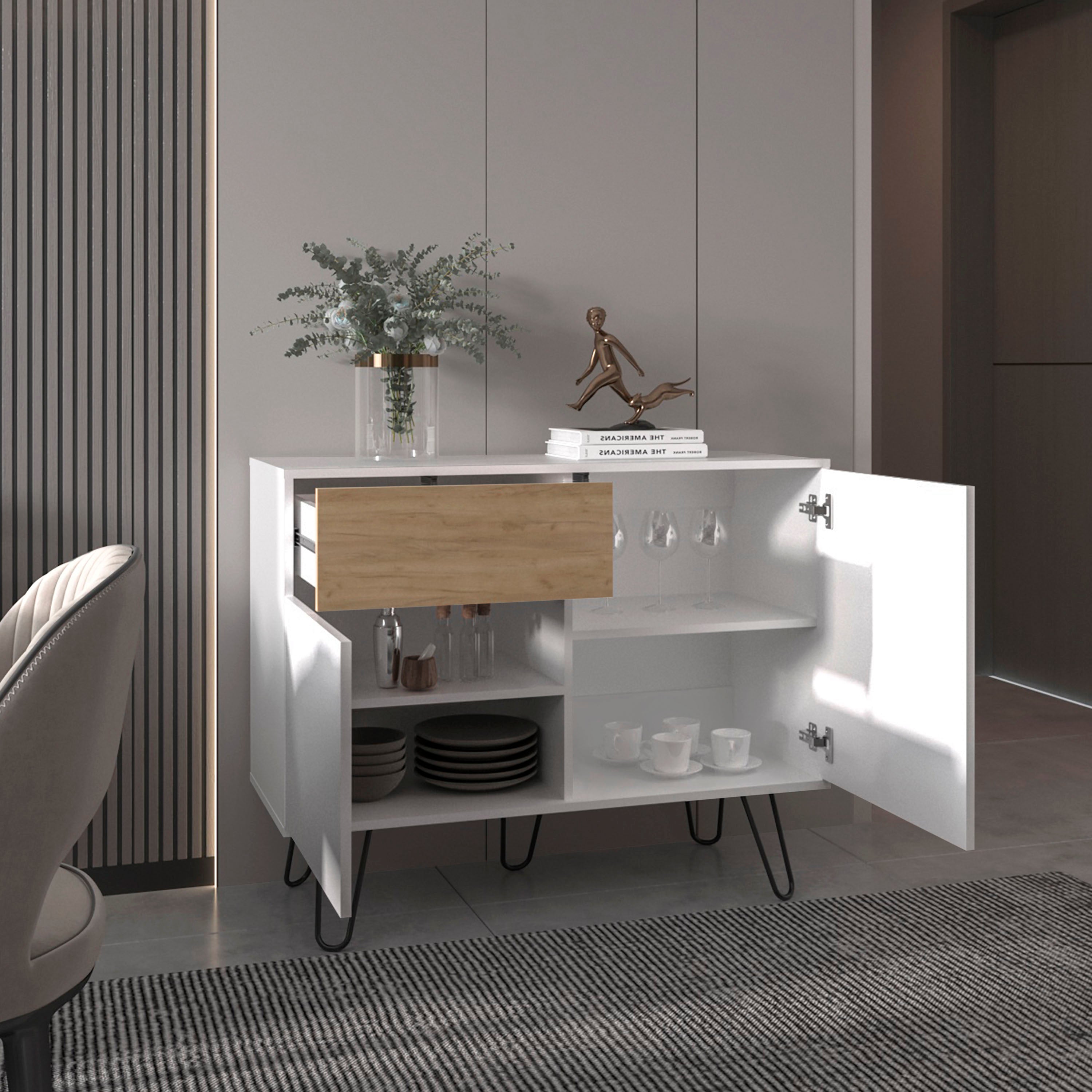 Chelan Sideboard, 2 Doors, 1 Drawer, 4 Shelves, White / Natural Oak - Luciddepo