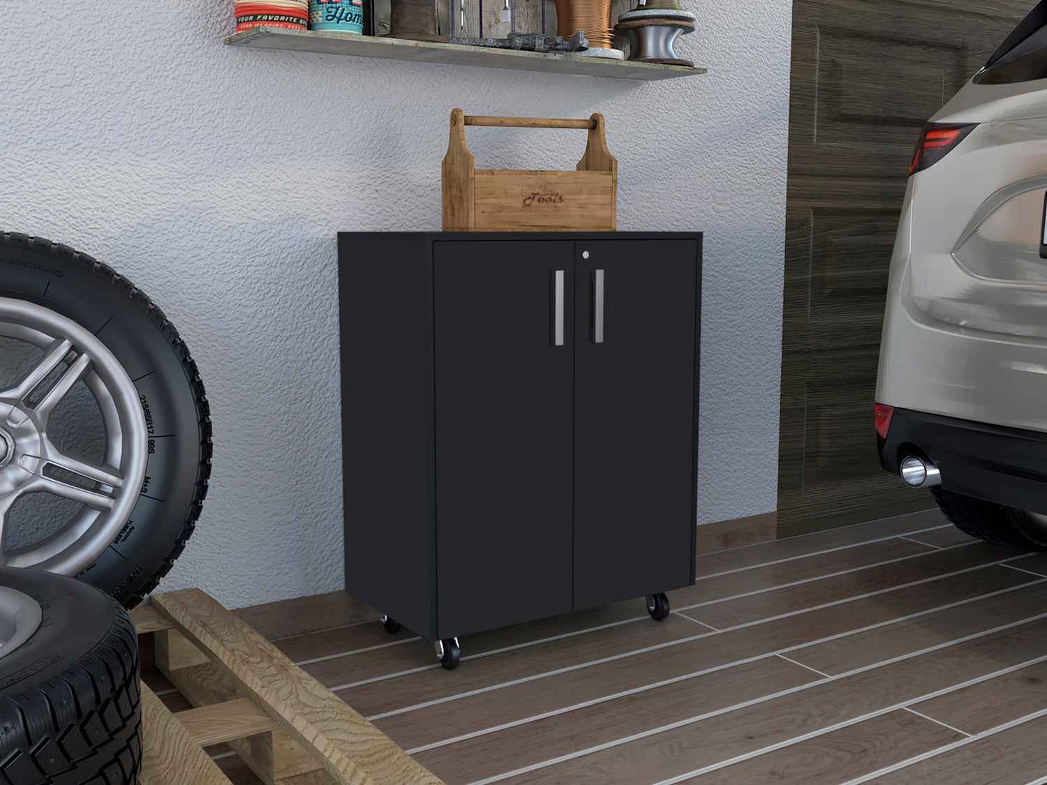 Hartford Storage Double Door Cabinet, Two Interior Shelves, Casters, Black