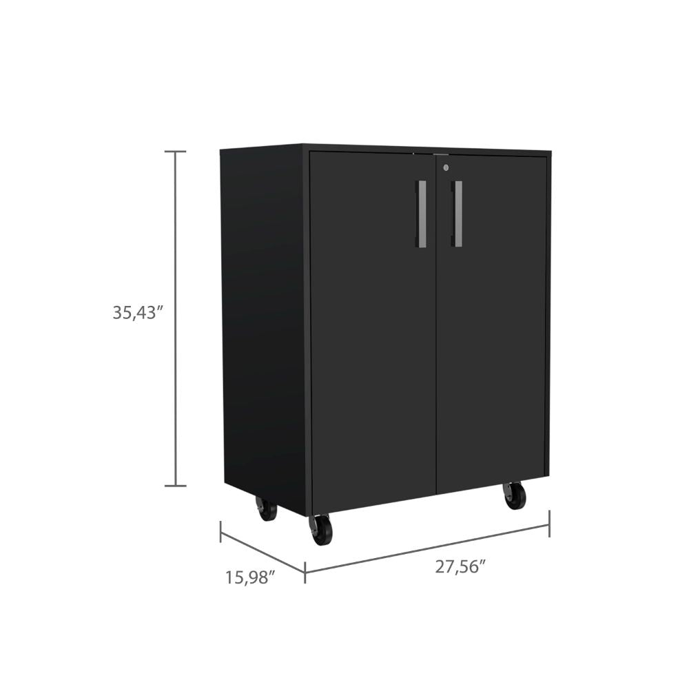 Hartford Storage Double Door Cabinet, Two Interior Shelves, Casters, Black - Luciddepo