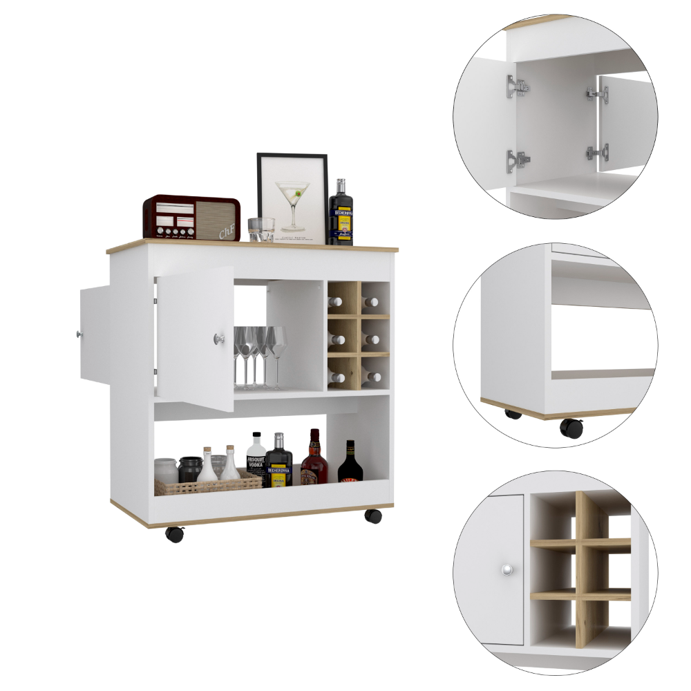 Lotus Bar Cart, Six Bottle Cubbies, One Cabinet, Four Casters, Light Oak / White - Luciddepo