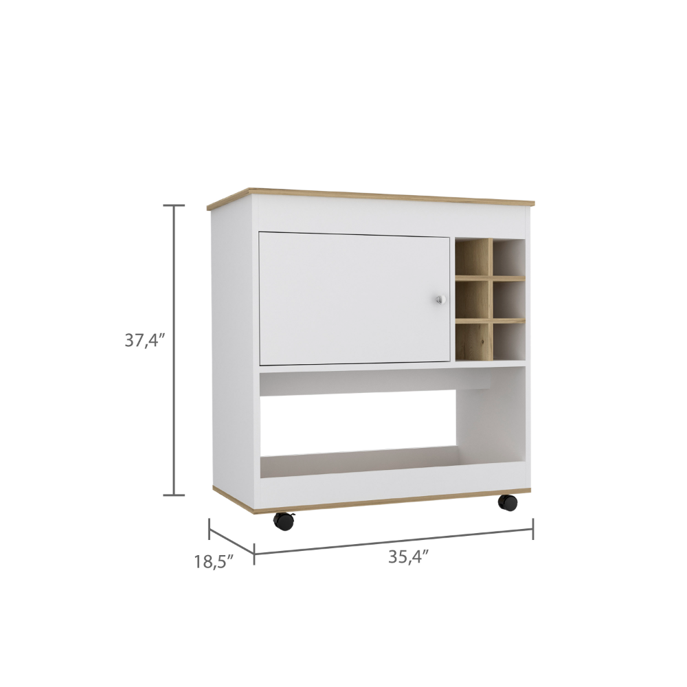 Lotus Bar Cart, Six Bottle Cubbies, One Cabinet, Four Casters, Light Oak / White - Luciddepo