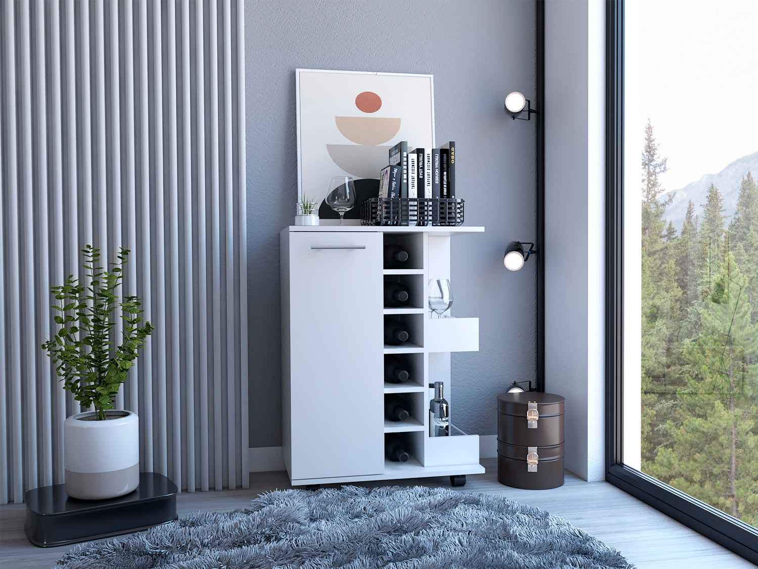 Magda Bar Cart, Four Casters, Six Built-in Wine Rack, Single Door Cabinet, Two External Shelves, White